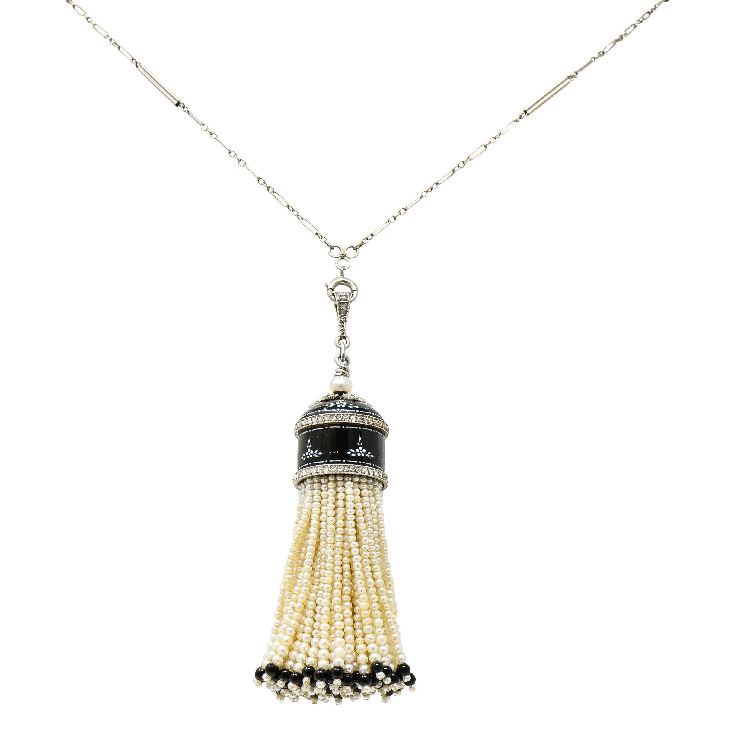 Art Deco Enamel Onyx Pearl 1.23 Carats Diamond Platinum Tassel Pendant Necklace 1