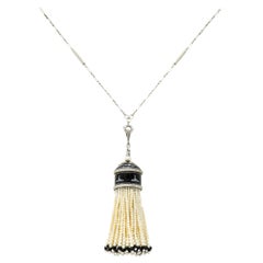 Art Deco Enamel Onyx Pearl 1.23 Carats Diamond Platinum Tassel Pendant Necklace