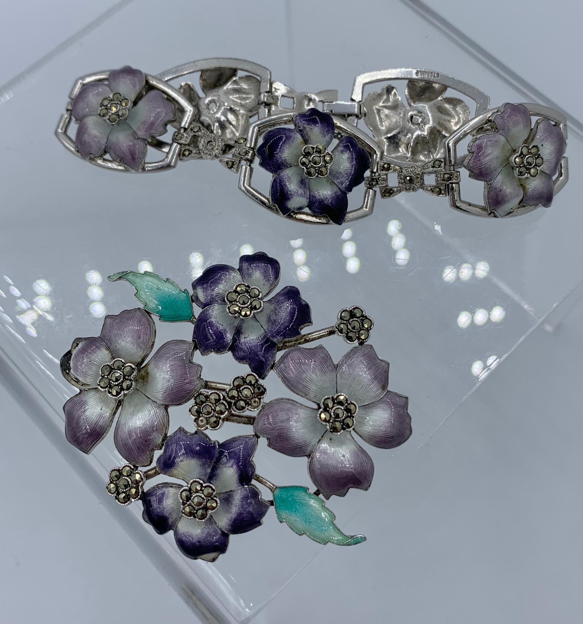 Round Cut Art Deco Enamel Pansy Violet Flower Bracelet and Brooch Sterling Silver, 1920 For Sale