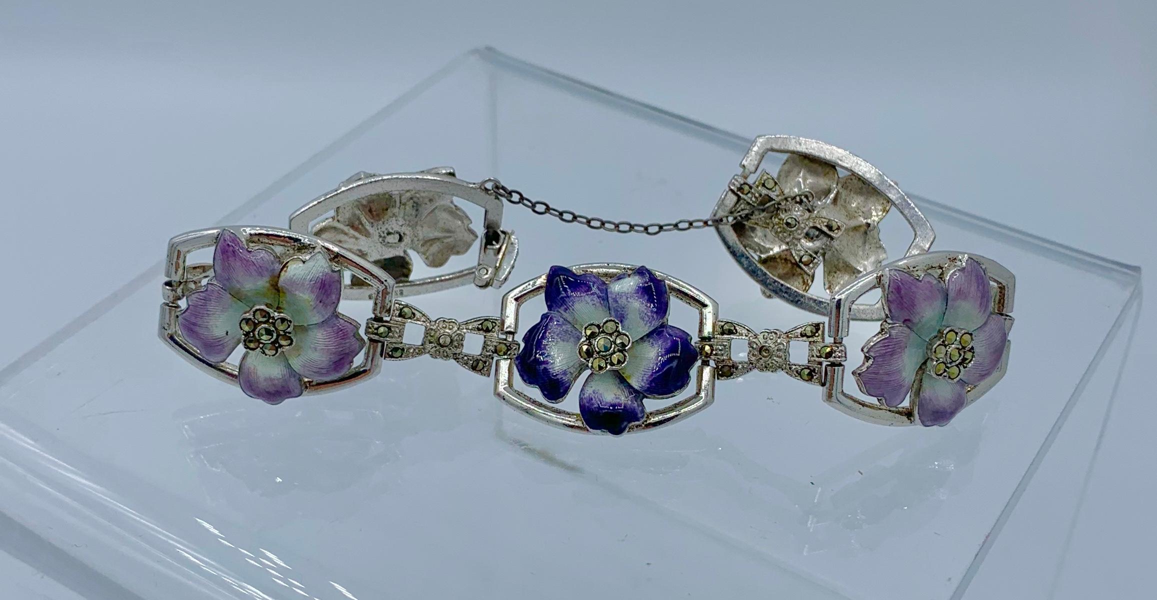 Art Deco Enamel Pansy Violet Flower Bracelet and Brooch Sterling Silver, 1920 In Good Condition For Sale In New York, NY