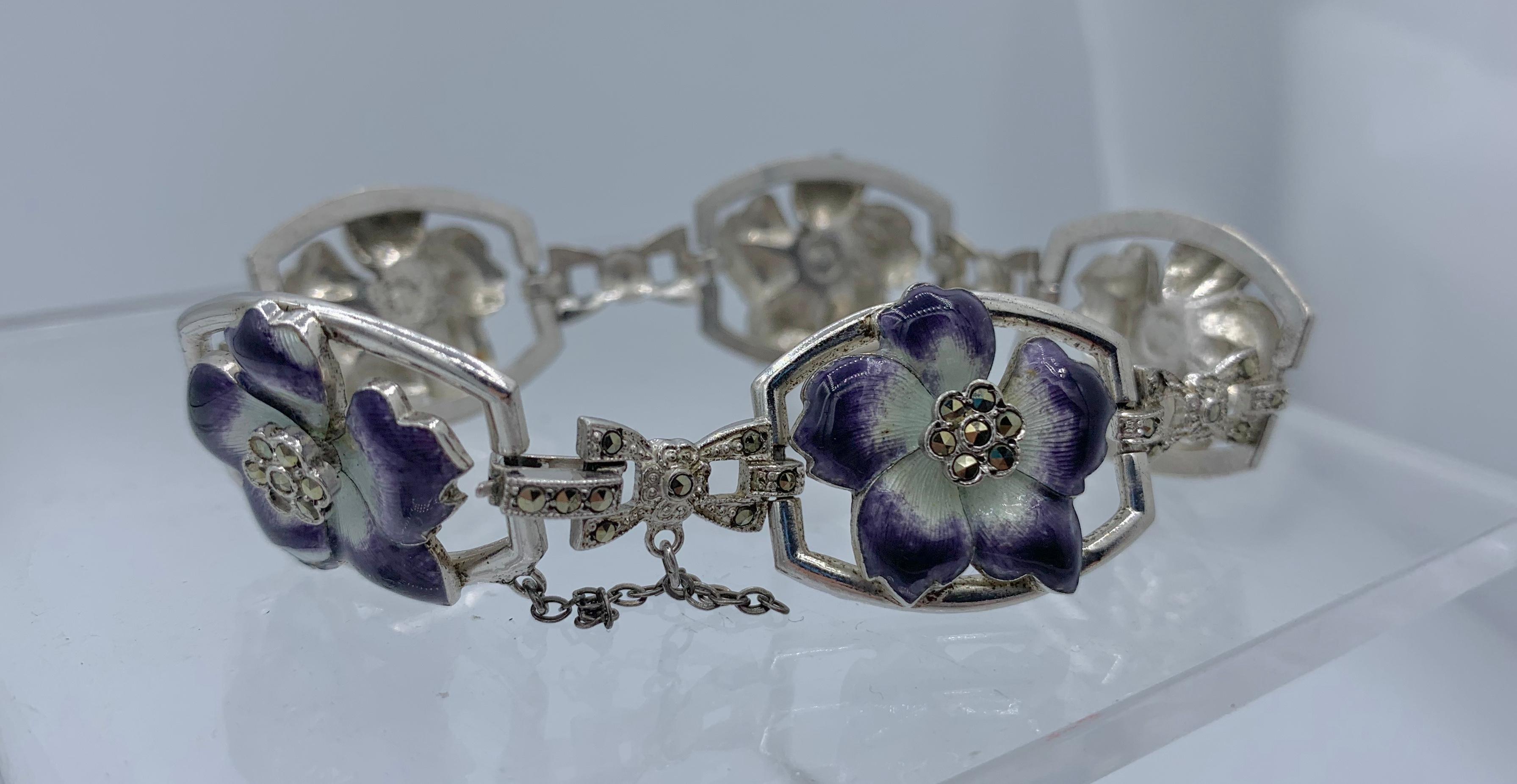 Women's Art Deco Enamel Pansy Violet Flower Bracelet and Brooch Sterling Silver, 1920 For Sale
