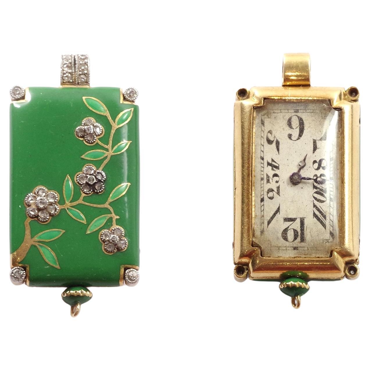 Art Deco enamel pendant watch in 18 karat yellow gold and platinum For Sale