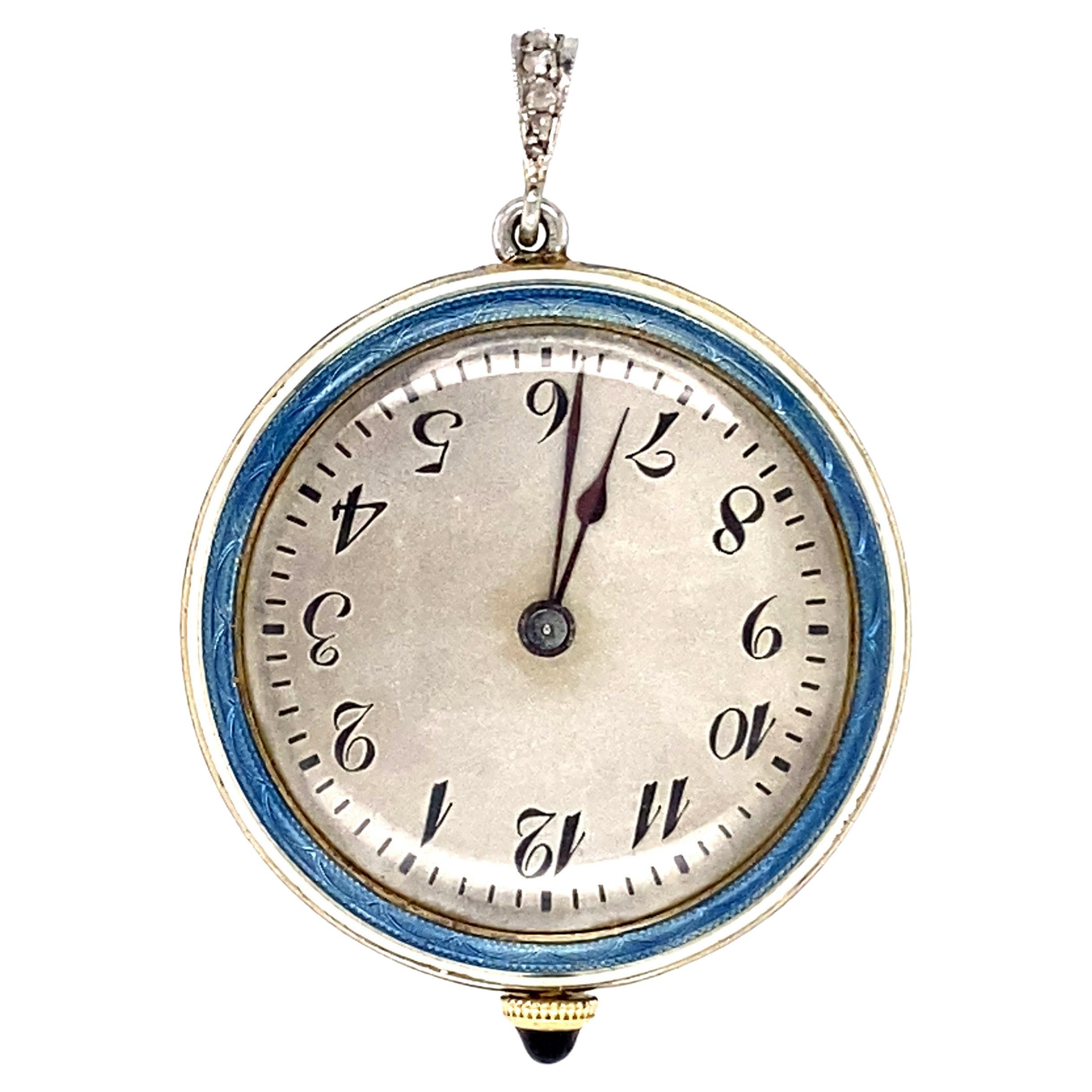 Art Deco Enamel Platinum Lapel Watch Pendant