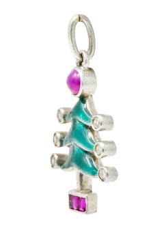 Art Deco Enamel Ruby Diamond Platinum Christmas Tree Charm