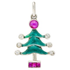 Vintage Art Deco Enamel Ruby Diamond Platinum Christmas Tree Charm