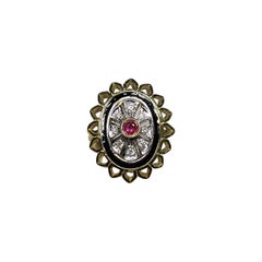 Art Deco Style Enamel Ruby White Diamond 18 Karat Yellow Gold White Gold Ring
