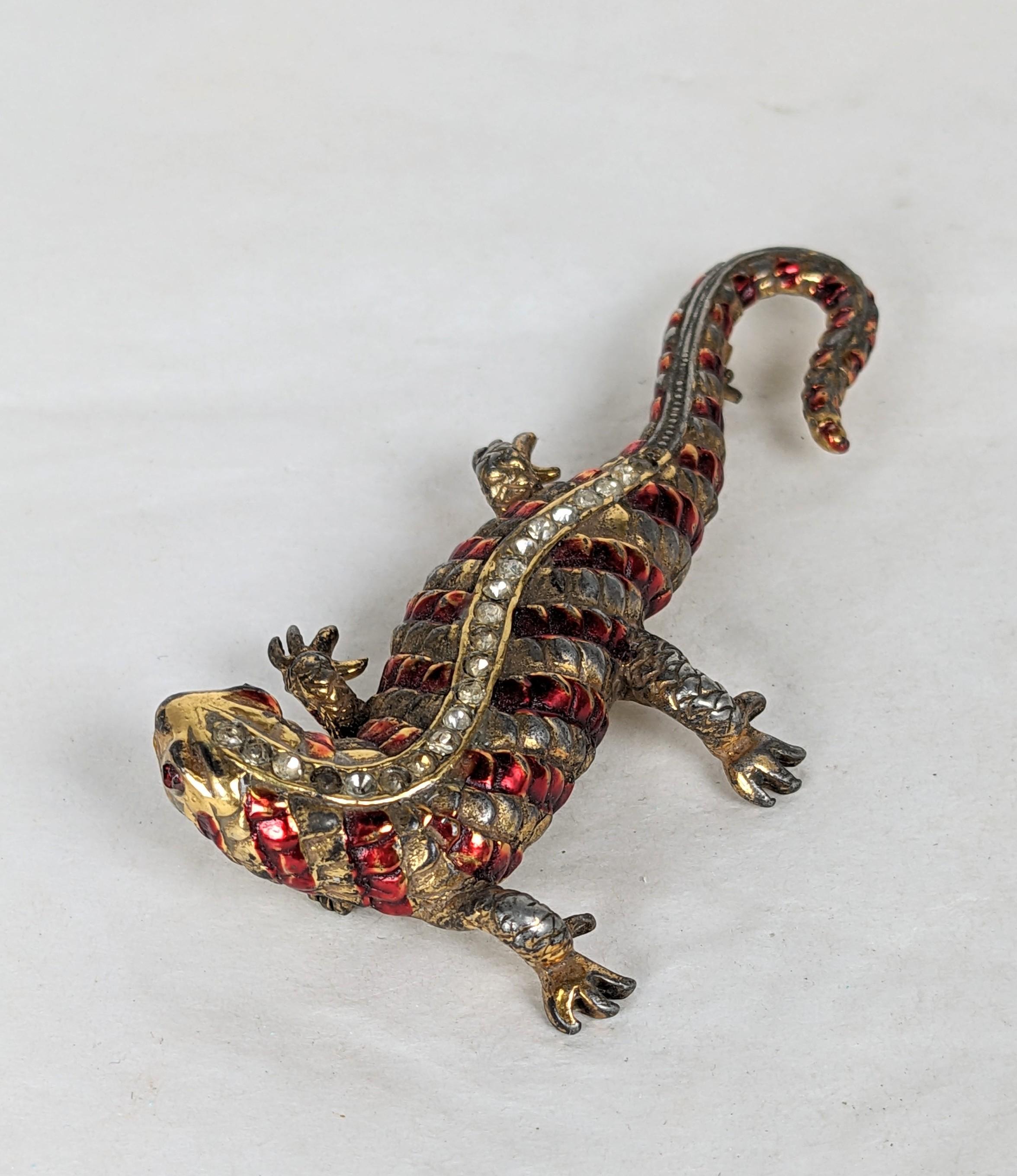 Charming Art Deco Enamel Salamander Brooch from the 1930's. Gilt metal with Marcel Boucher style pearlized enamel with pave accents down back. Red paste eyes. 1930's USA. 3