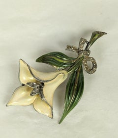 Art Deco Enamel Trembler Calla Lilly Brooch
