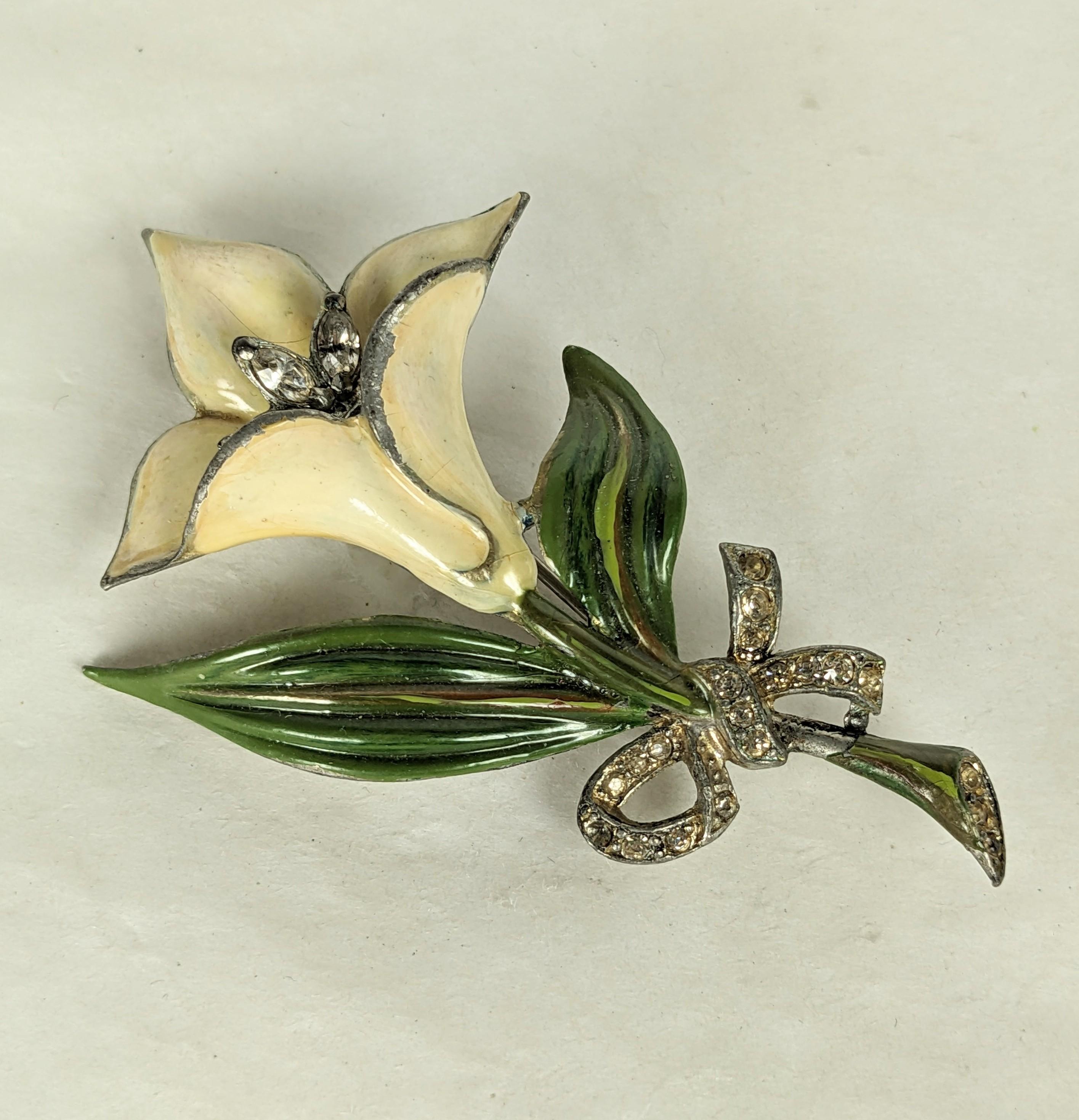  Art Deco Enamel Trembler Calla Lilly Brooch In Good Condition For Sale In New York, NY