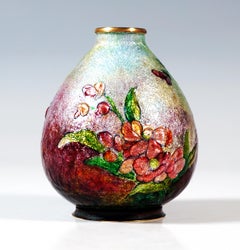 Art Déco Enamel Vase 'Primevères', Primeroses Dekor, Camille Fauré, France 1925