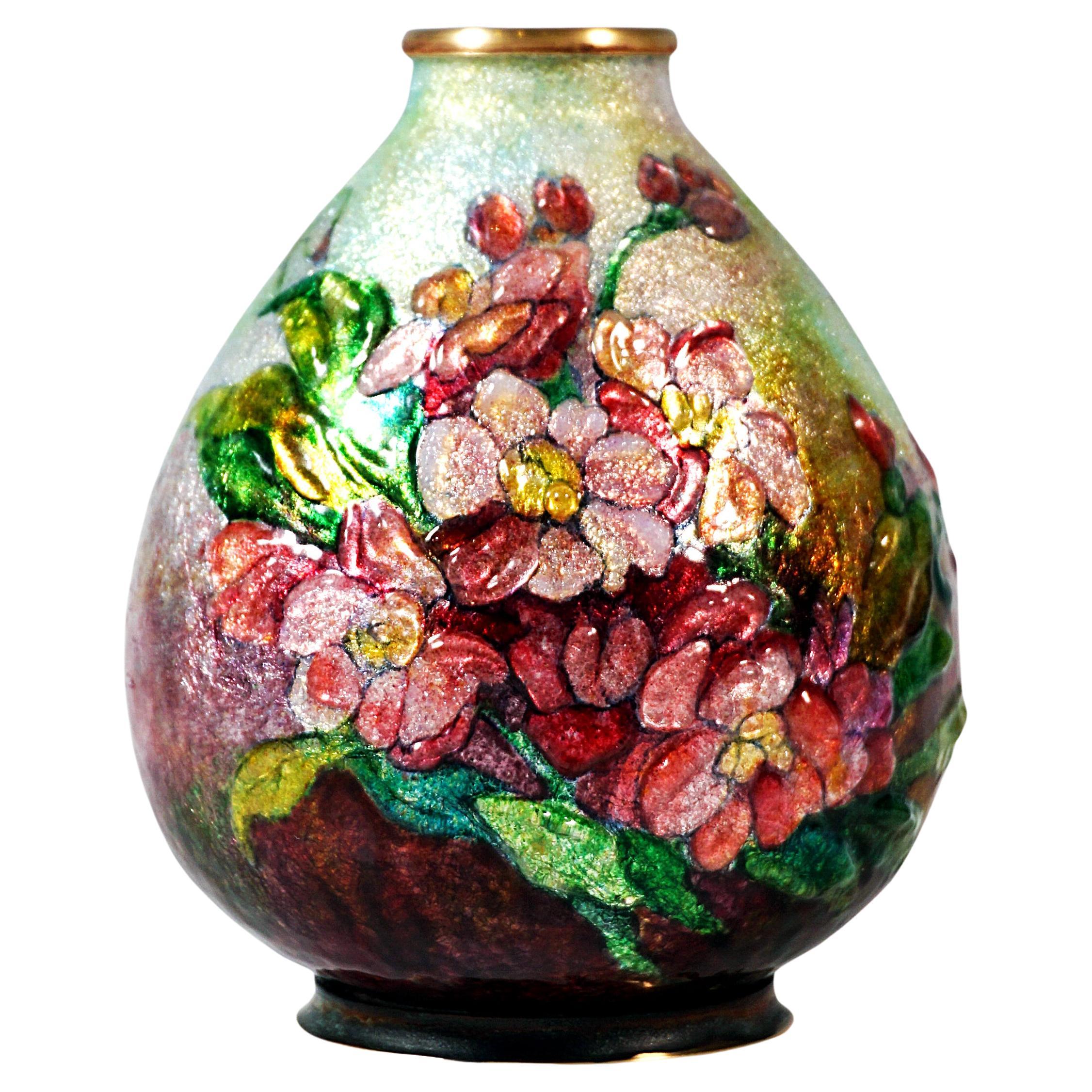 Art Déco Enamel Vase 
Primevères
, Primeroses Dekor, Camille Fauré, France 1925 For Sale