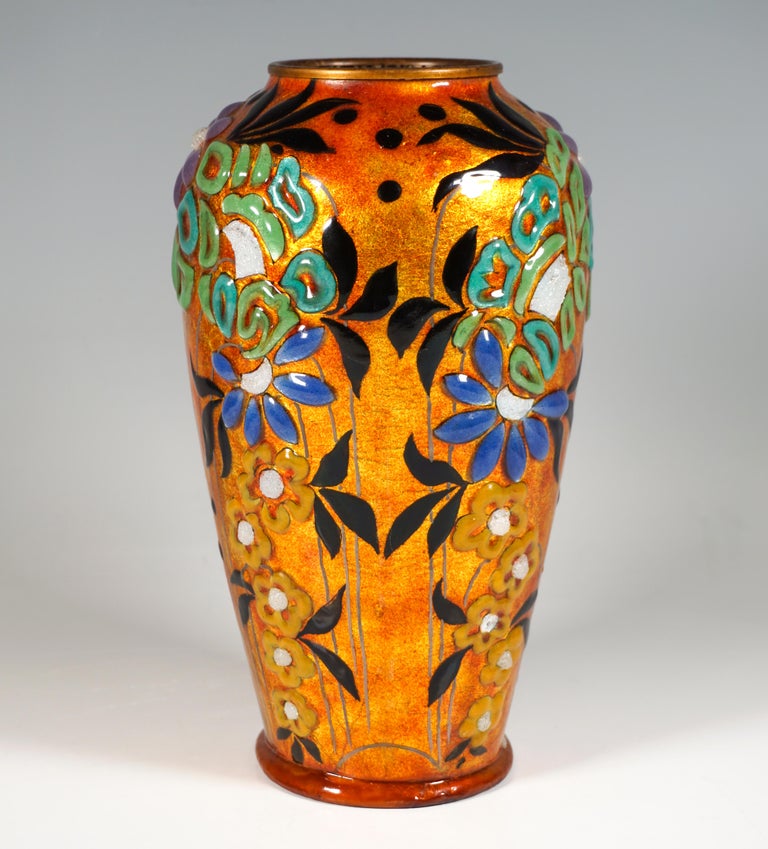Art Deco Art Déco Enamel Vase With Floral Decor, Jules Sarlandie, Limoges, France 1920 For Sale