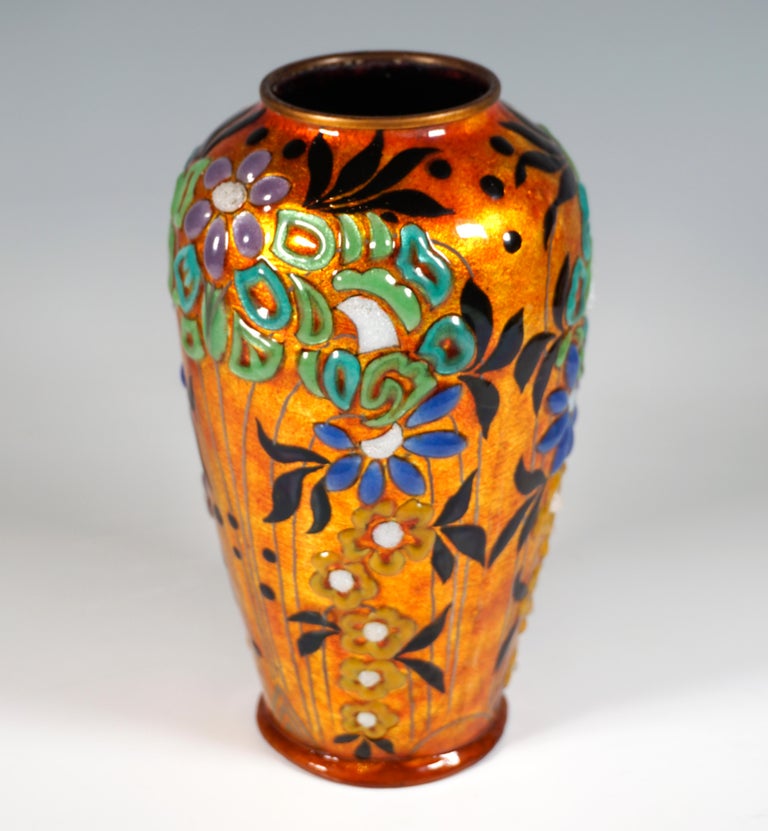 French Art Déco Enamel Vase With Floral Decor, Jules Sarlandie, Limoges, France 1920 For Sale