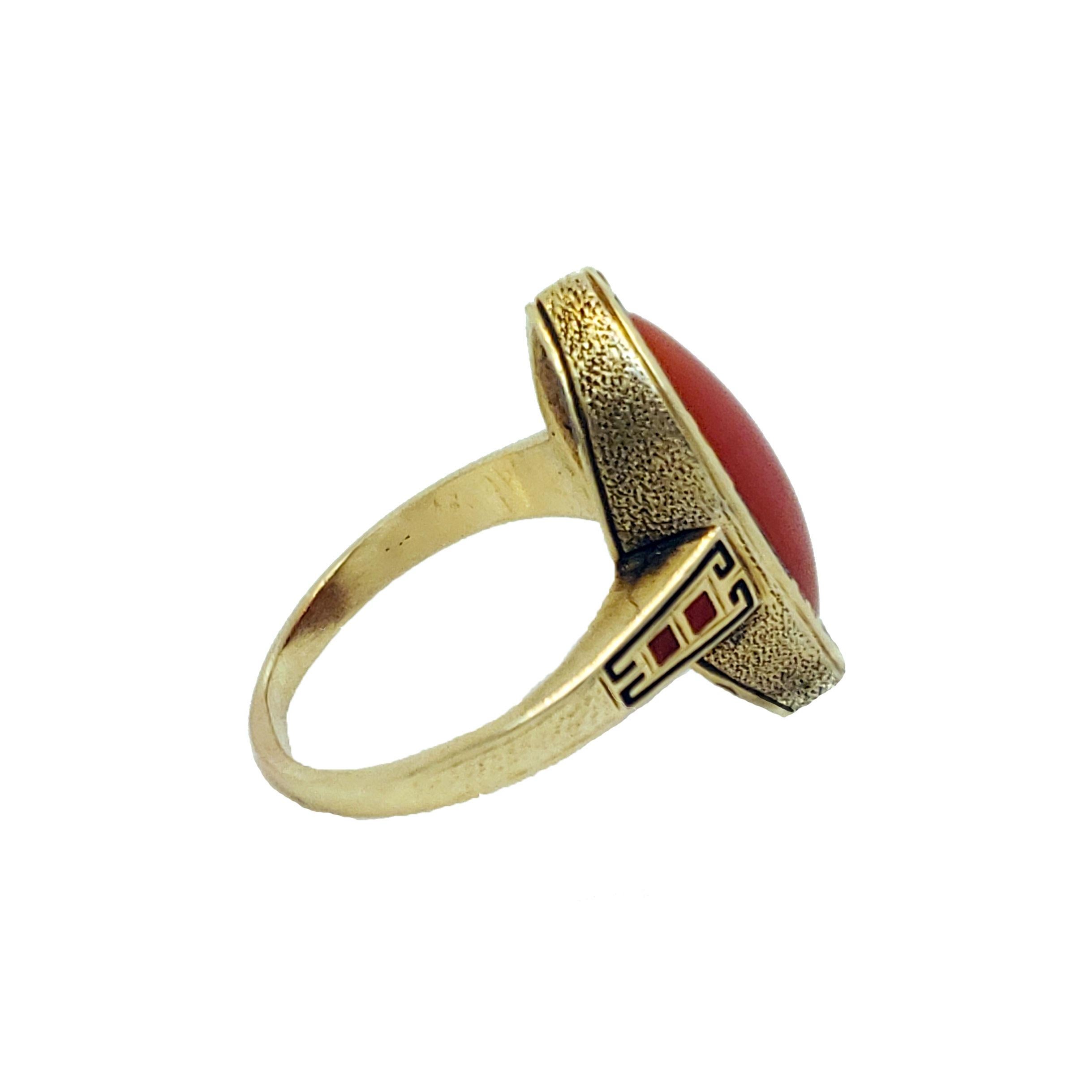 Women's or Men's Art Deco Enameled 14 Karat Gold and Red Coral Cabochon Ring For Sale