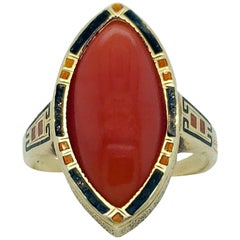 Antique Art Deco Enameled 14 Karat Gold and Red Coral Cabochon Ring