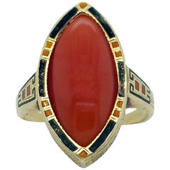 Art Deco Enameled 14 Karat Gold and Red Coral Cabochon Ring