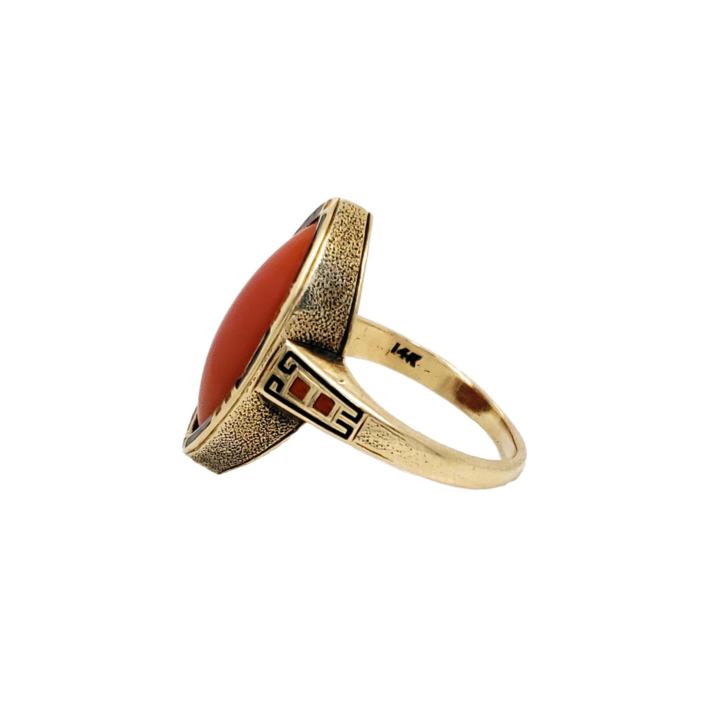 Art Deco Enameled 14 Karat Gold and Red Coral Cabochon Ring In Good Condition In Lexington, KY