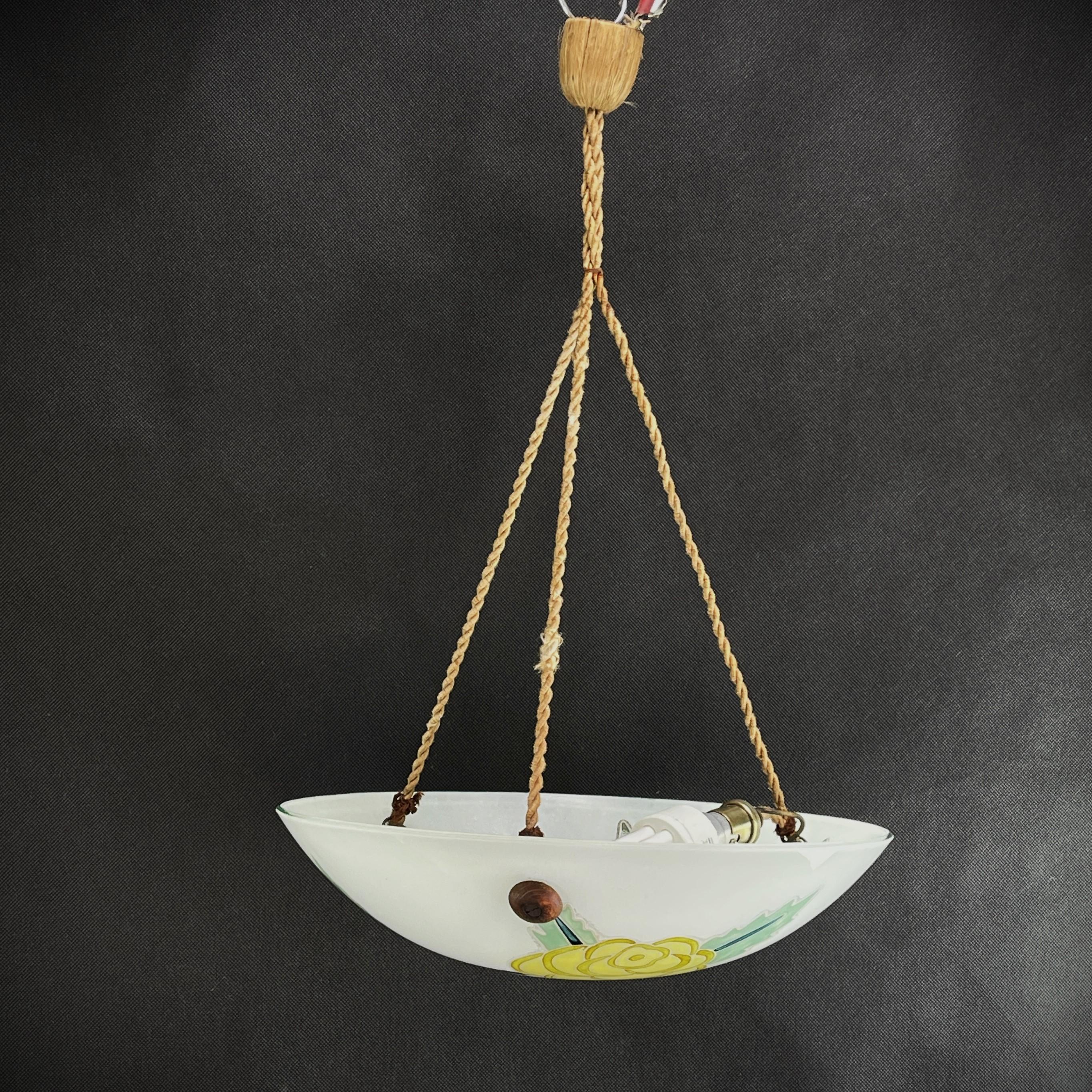 Art Deco Enameled Pendant Lamp Signed Maxonade for Verrier D'art, Paris, 1930s 3