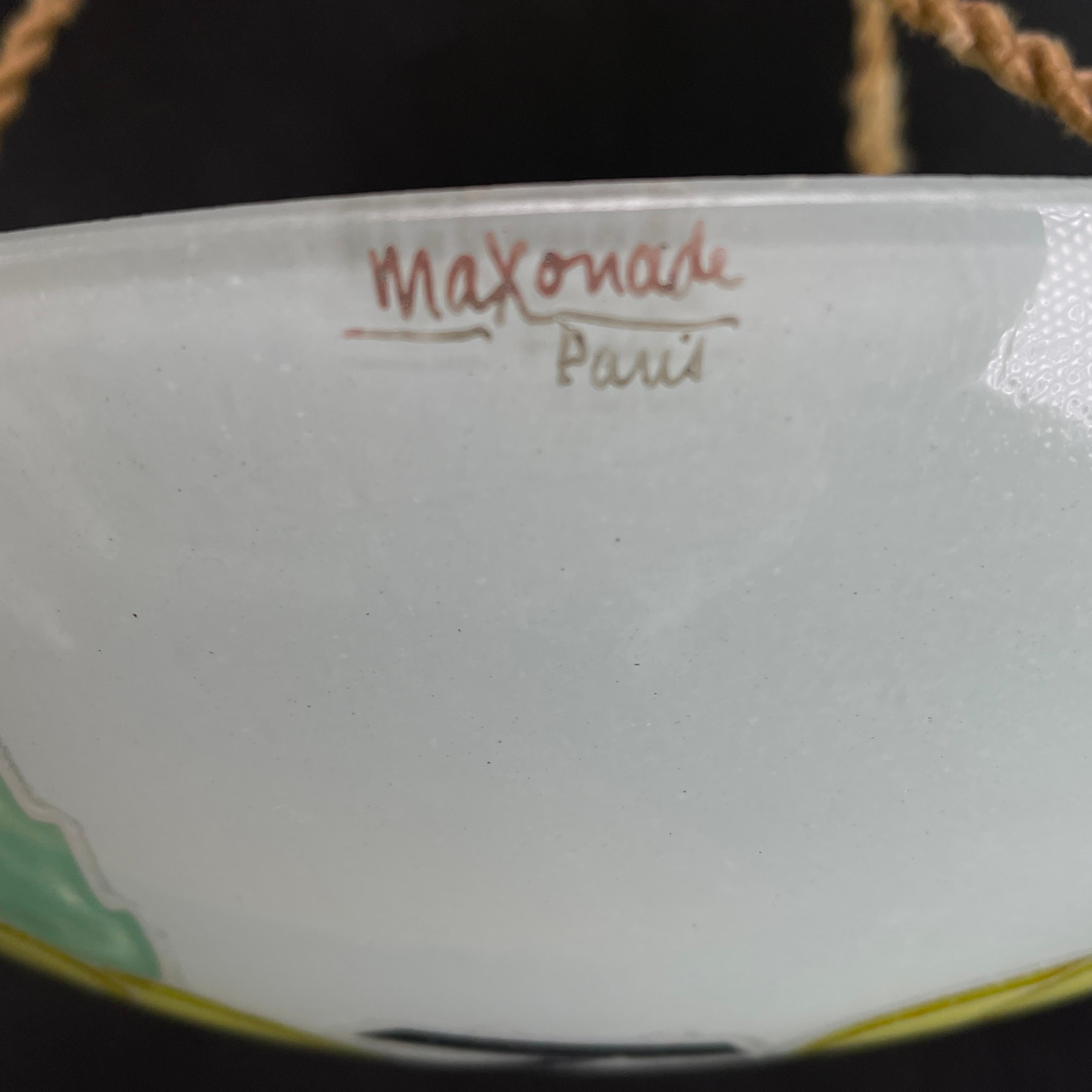 Mid-20th Century Art Deco Enameled Pendant Lamp Signed Maxonade for Verrier D'art, Paris, 1930s