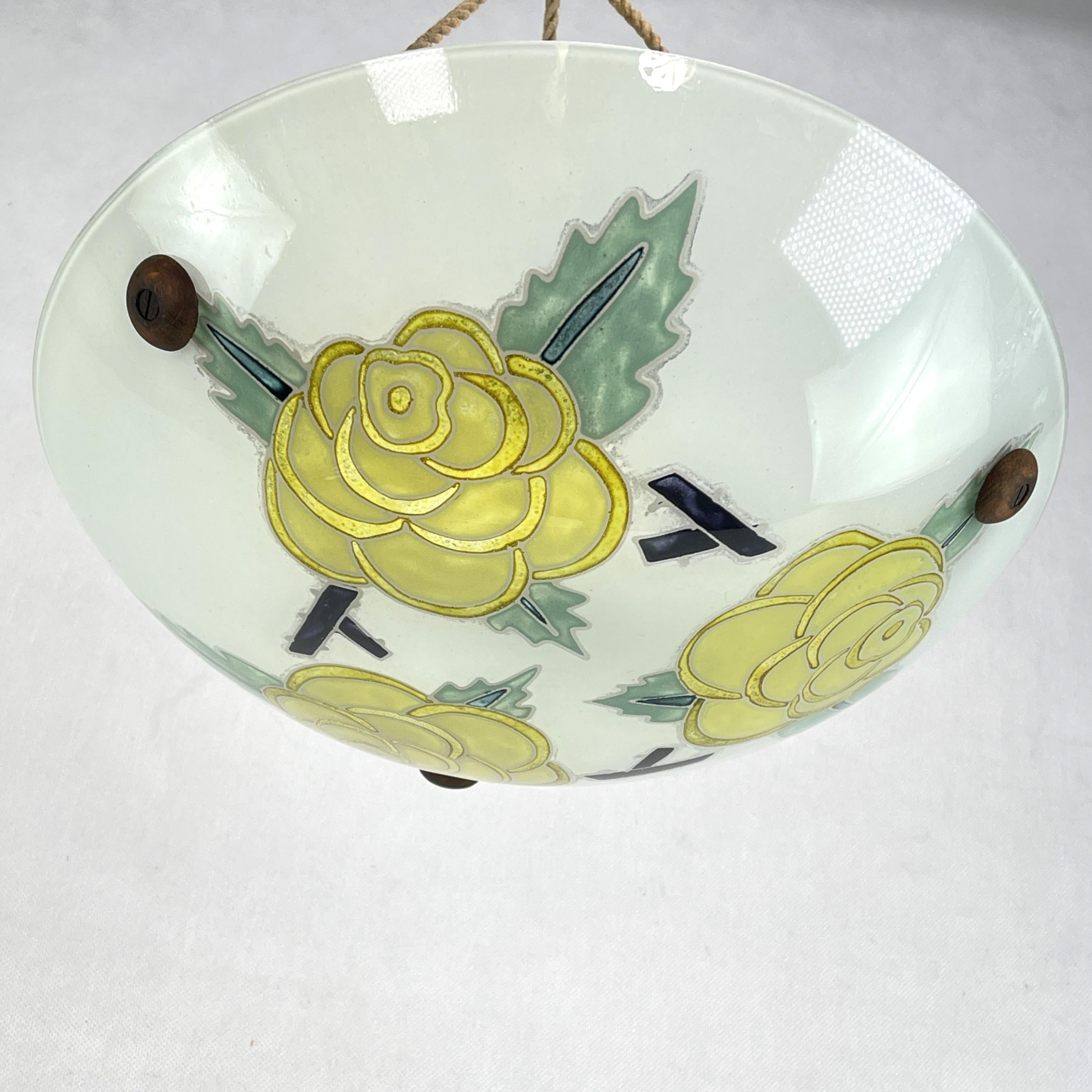 Glass Art Deco Enameled Pendant Lamp Signed Maxonade for Verrier D'art, Paris, 1930s