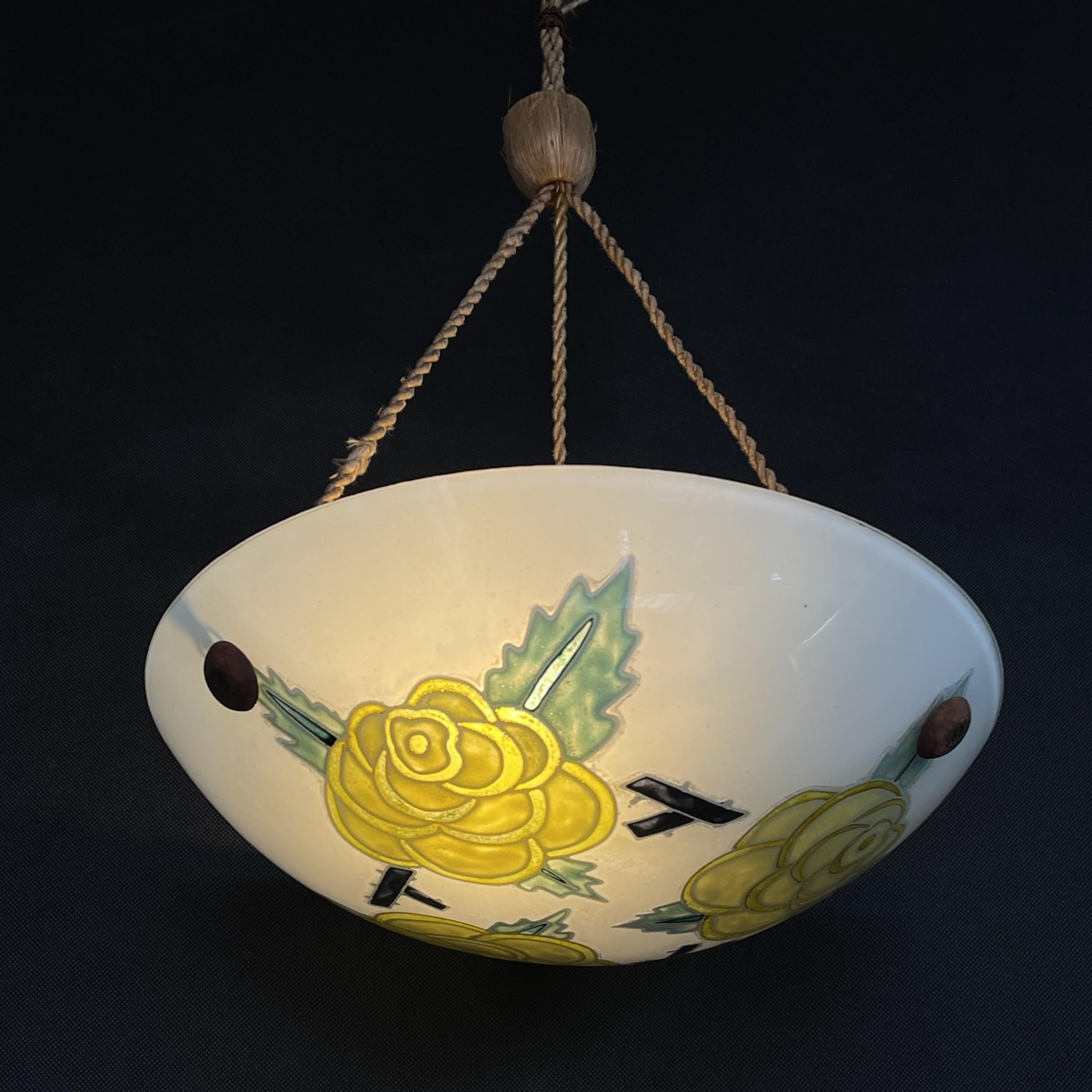 Art Deco Enameled Pendant Lamp Signed Maxonade for Verrier D'art, Paris, 1930s 1