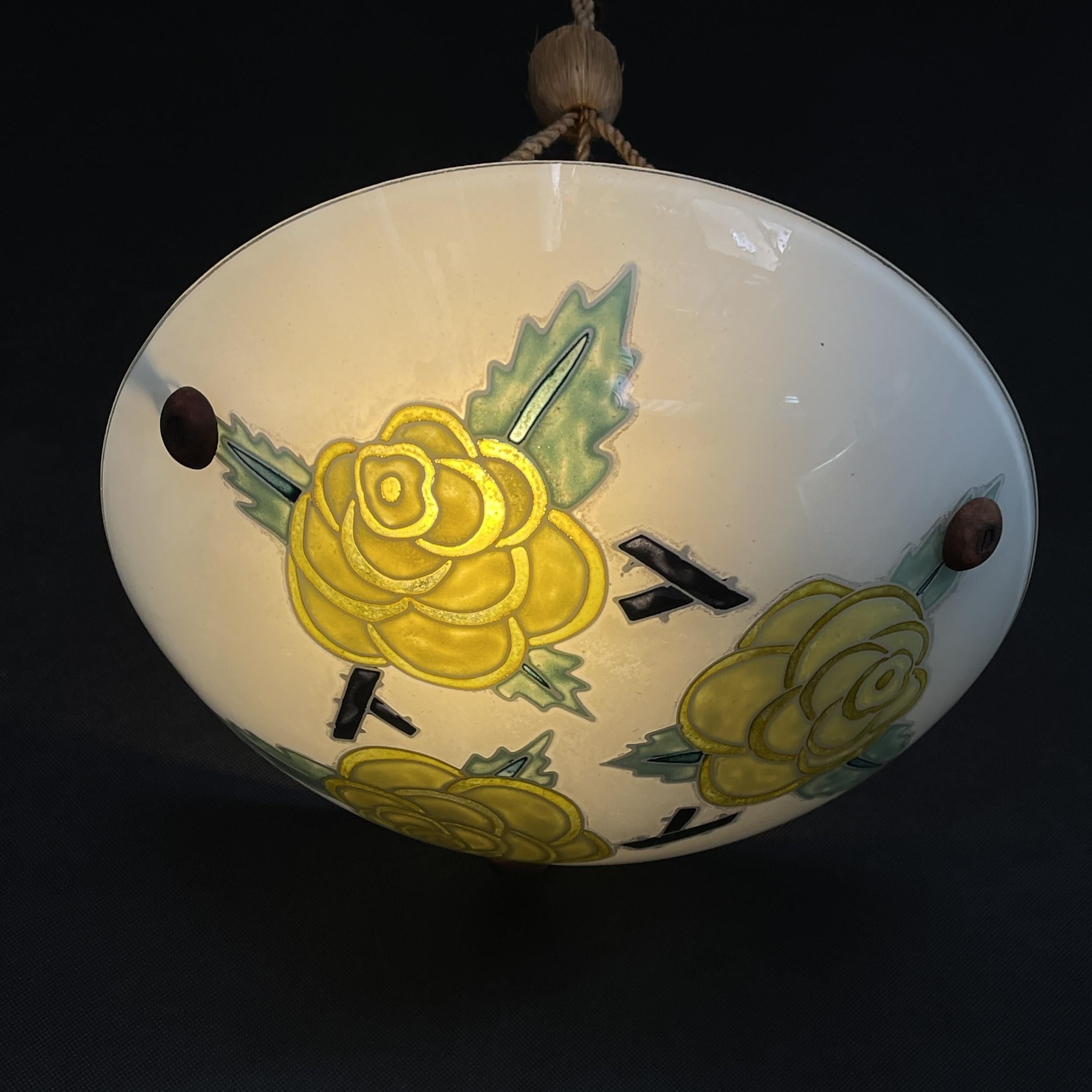 Art Deco Enameled Pendant Lamp Signed Maxonade for Verrier D'art, Paris, 1930s 2