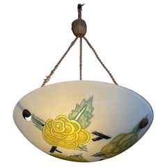 Art Deco Enameled Pendant Lamp Signed Maxonade for Verrier D'art, Paris, 1930s