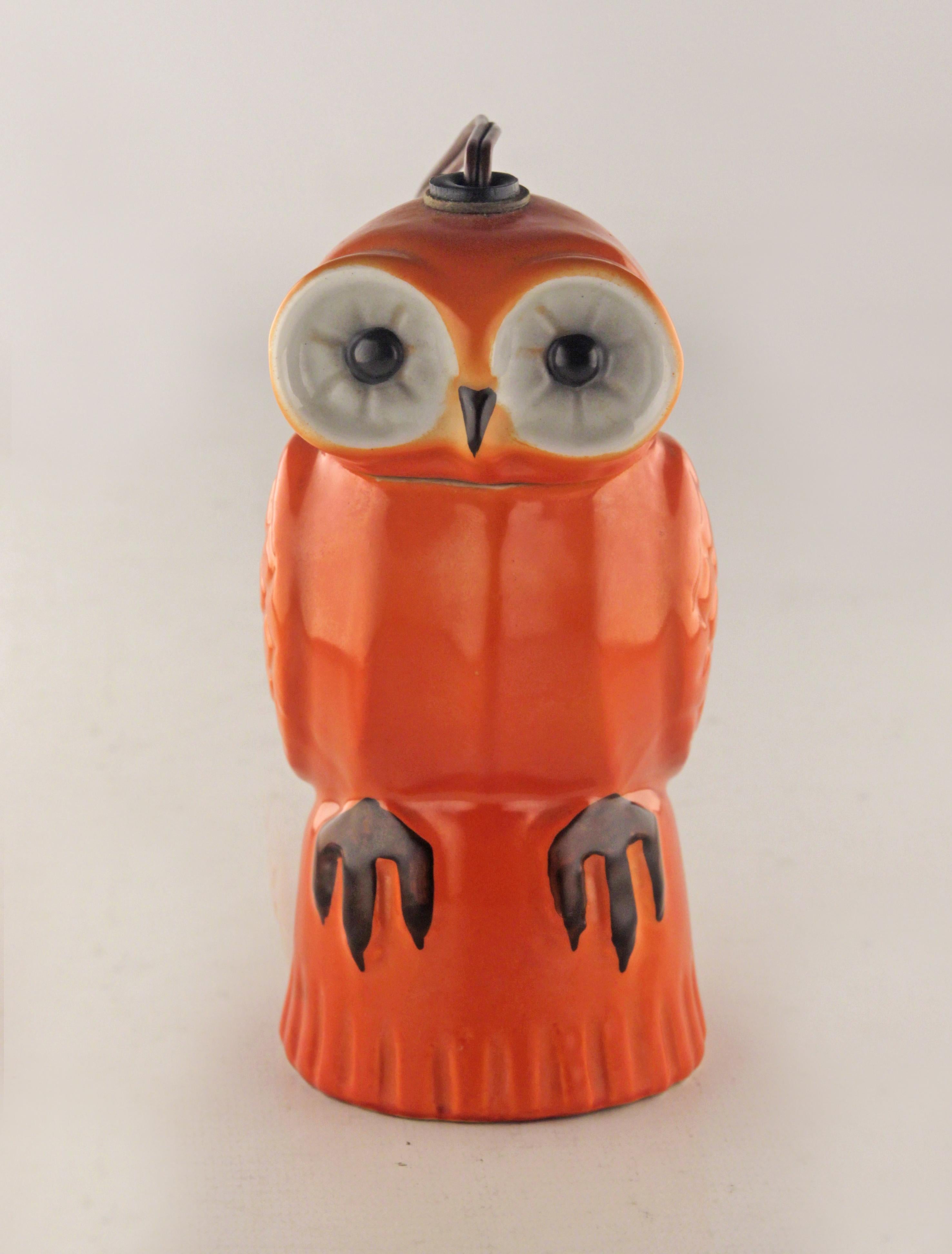 Hand-Painted Art Déco Enameled Porcelain Owl-Shapped Perfume Lamp by German Company Aerozon For Sale