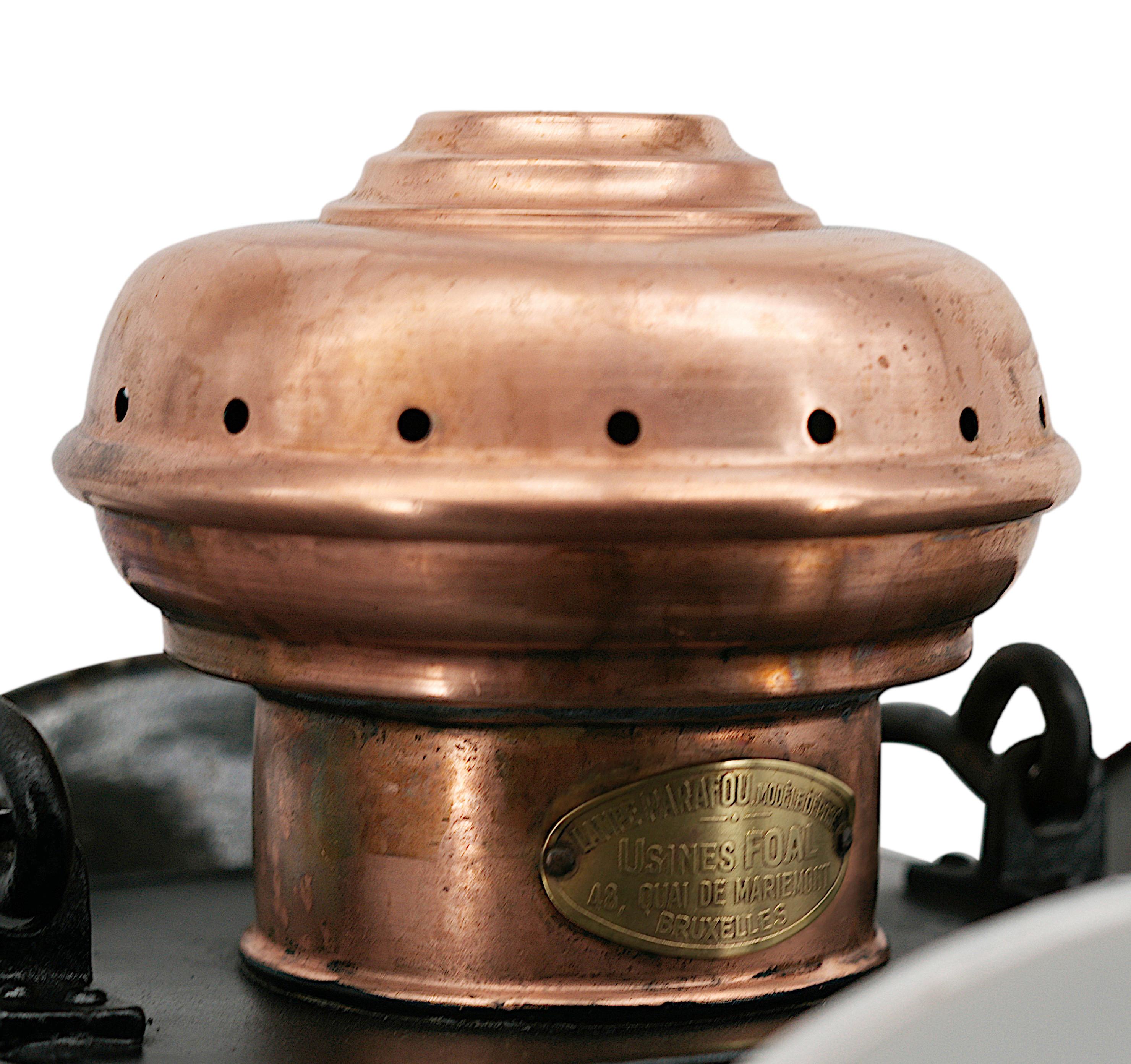 Art Deco enameled railway lantern by Usines Foal, 48 quai de Mariemont, Bruxelles, Belgium, 1918-1920. This lantern called 