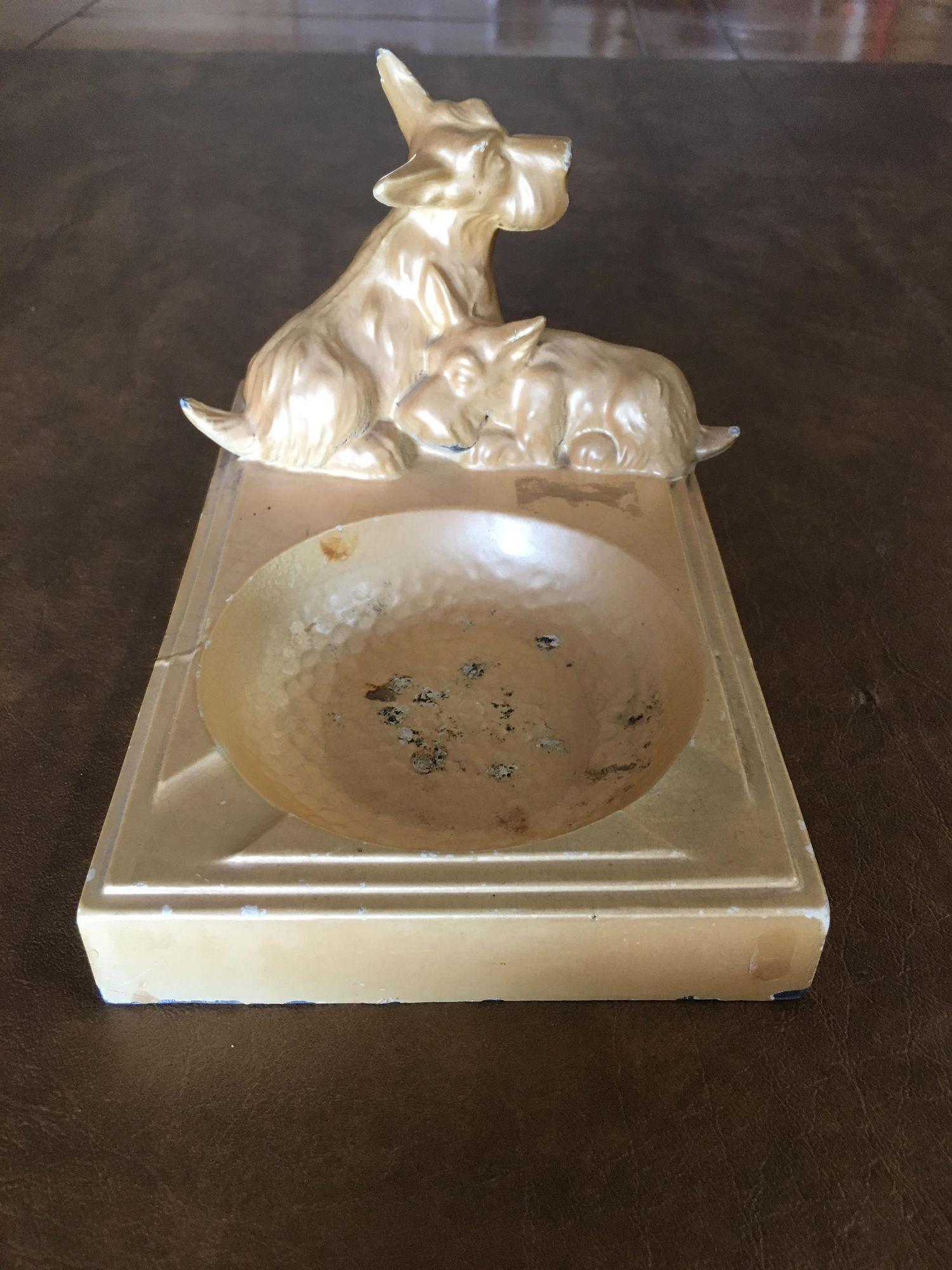 Art Deco Enameled Spelter Metal Terrier Ashtray For Sale 1