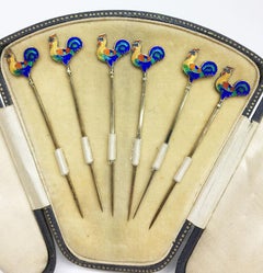Art Deco enameled Sterling Silver Rooster Cocktail picks, circa 1925