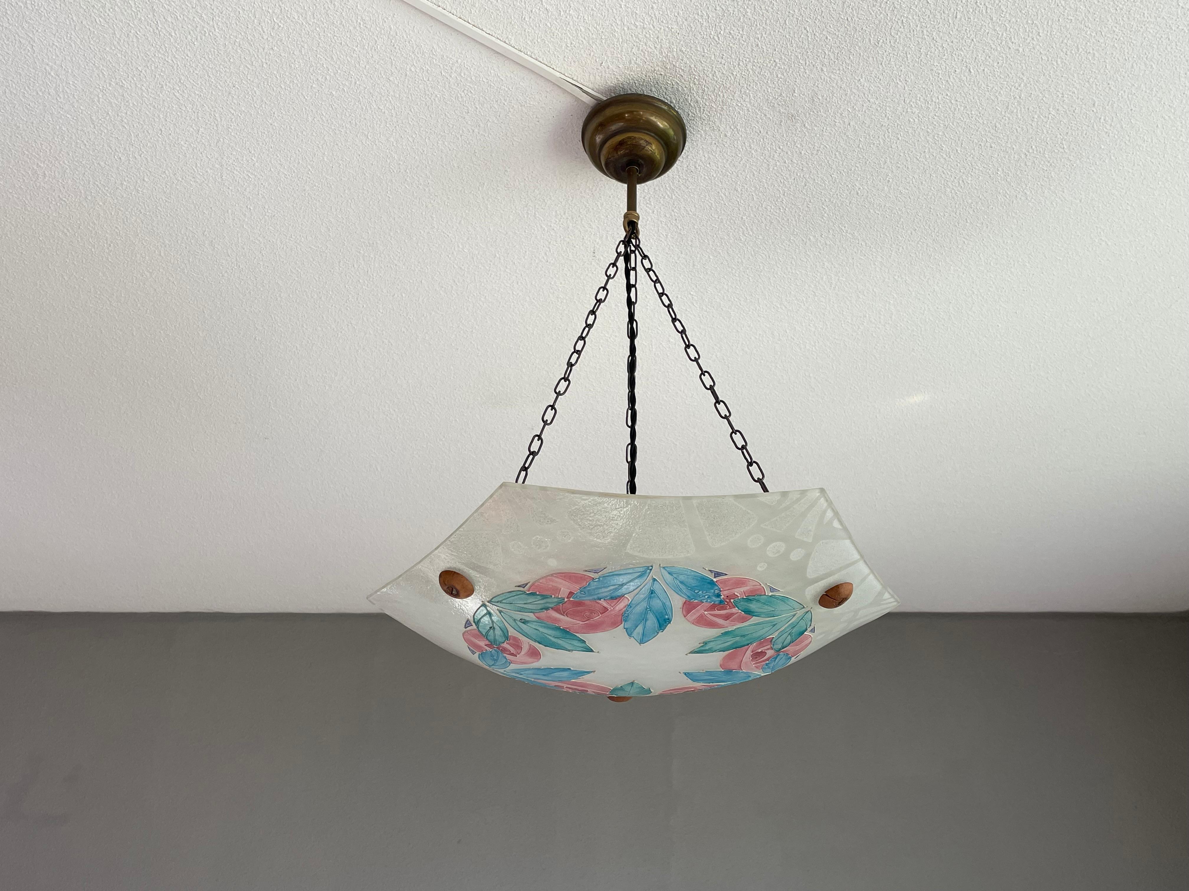 Émaillée Art Déco avec Lampe à suspension en verre stylisée avec roses et feuilles de roses Loys Lucha Style en vente 2