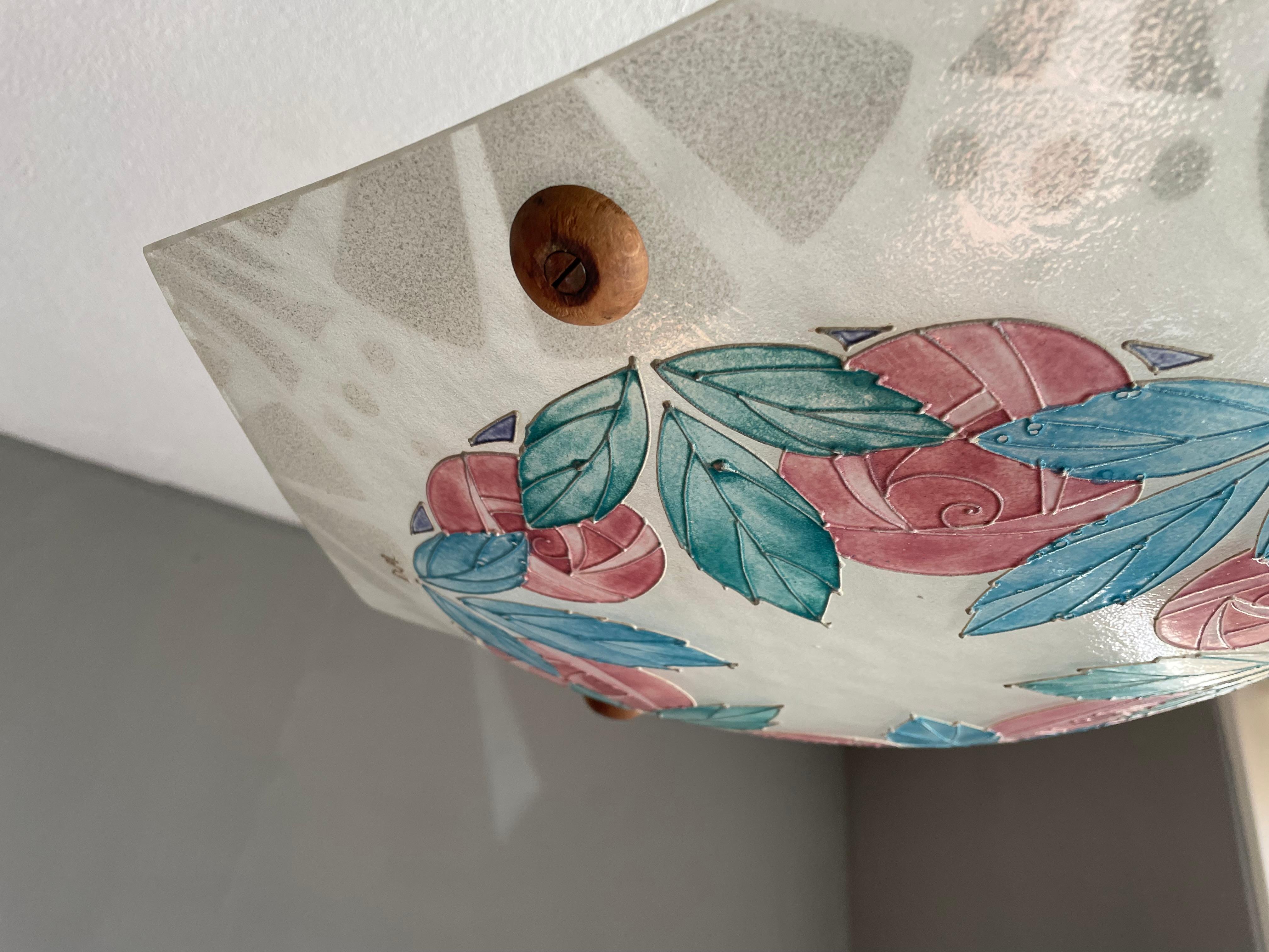 Émaillée Art Déco avec Lampe à suspension en verre stylisée avec roses et feuilles de roses Loys Lucha Style en vente 6