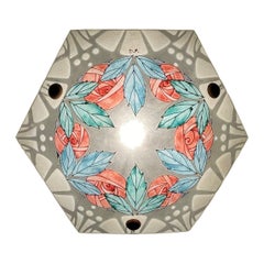 Art Deco Enameled w. Stylized Roses & Rose Leafs Glass Pendant Loys Lucha Style