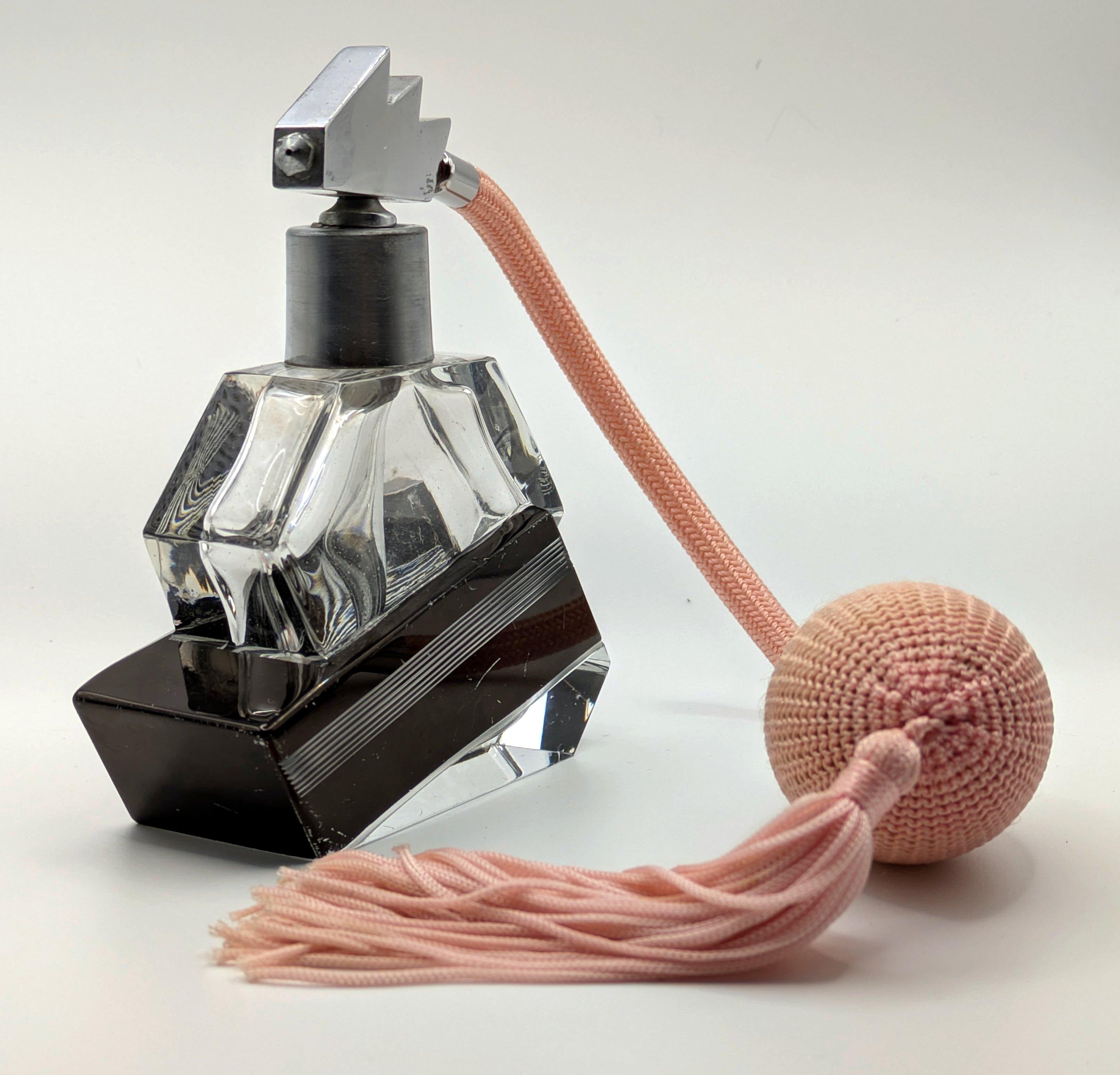 Czech Art Deco Enamelled Glass & Chrome Geometric Perfume Atomiser, c1930 For Sale