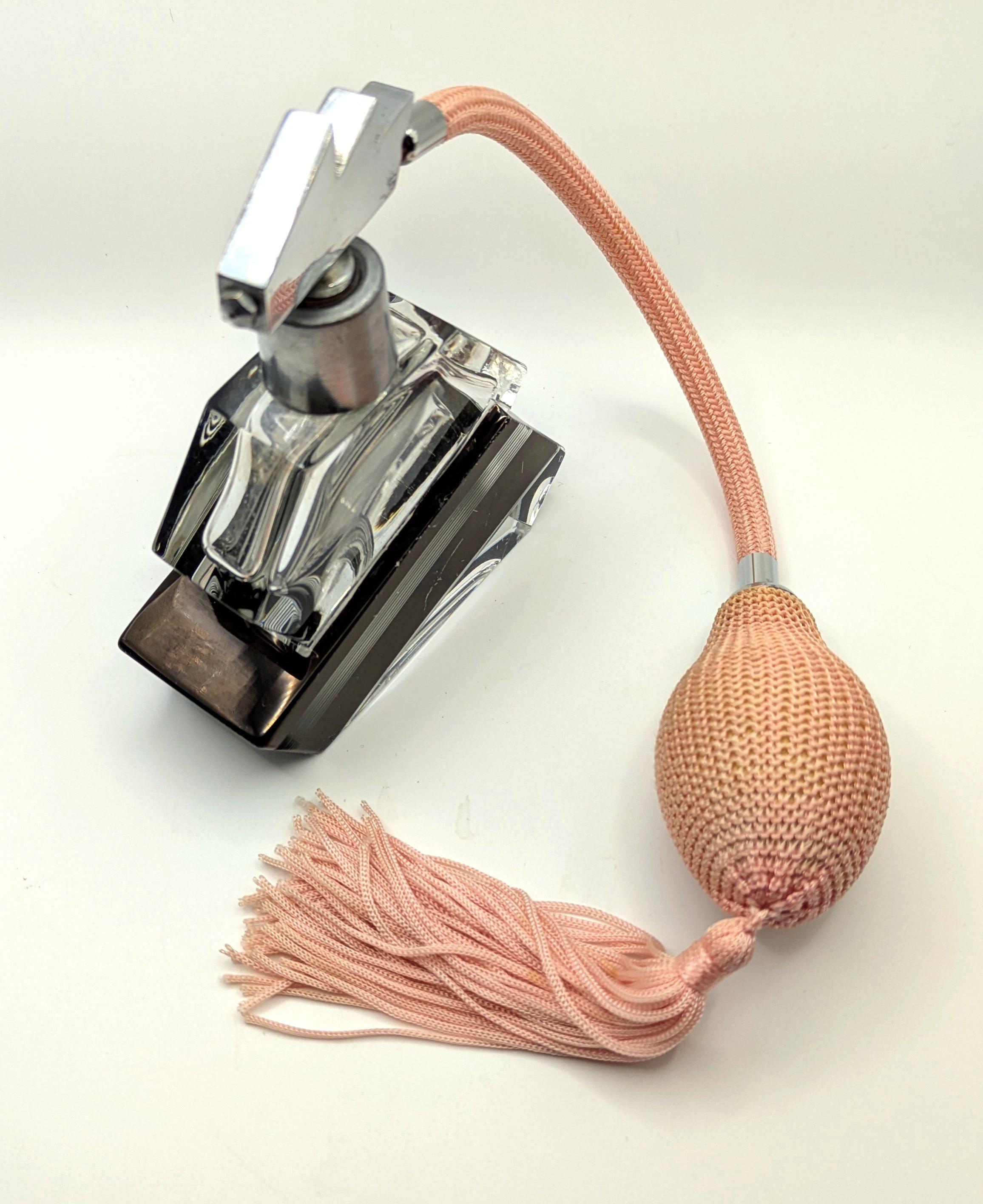 Etched Art Deco Enamelled Glass & Chrome Geometric Perfume Atomiser, c1930 For Sale