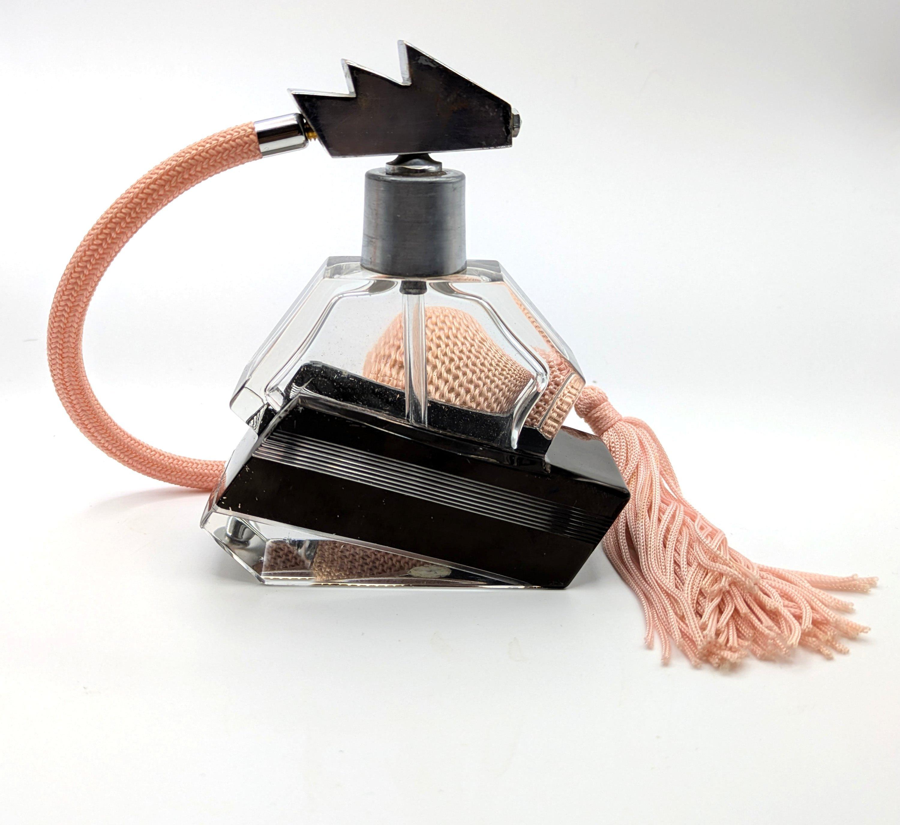 Cut Glass Art Deco Enamelled Glass & Chrome Geometric Perfume Atomiser, c1930 For Sale