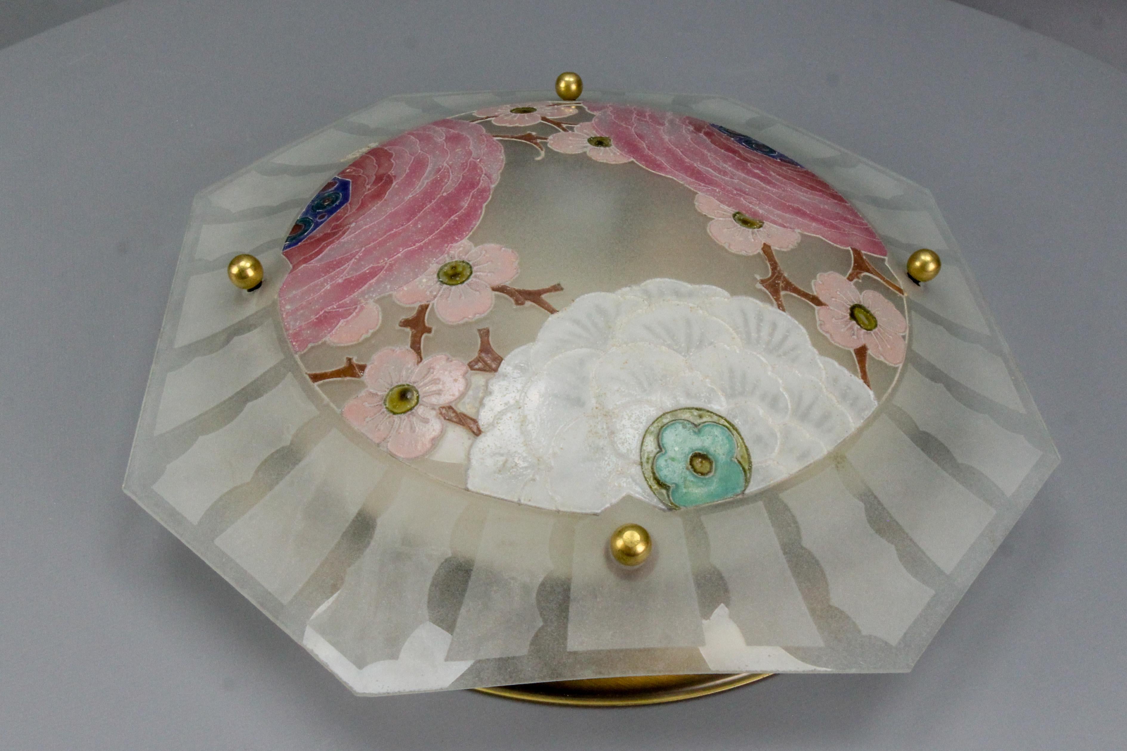 Art Deco Enamelled Glass Flush Mount with Pastel Color Flowers Signed Viale For Sale 3
