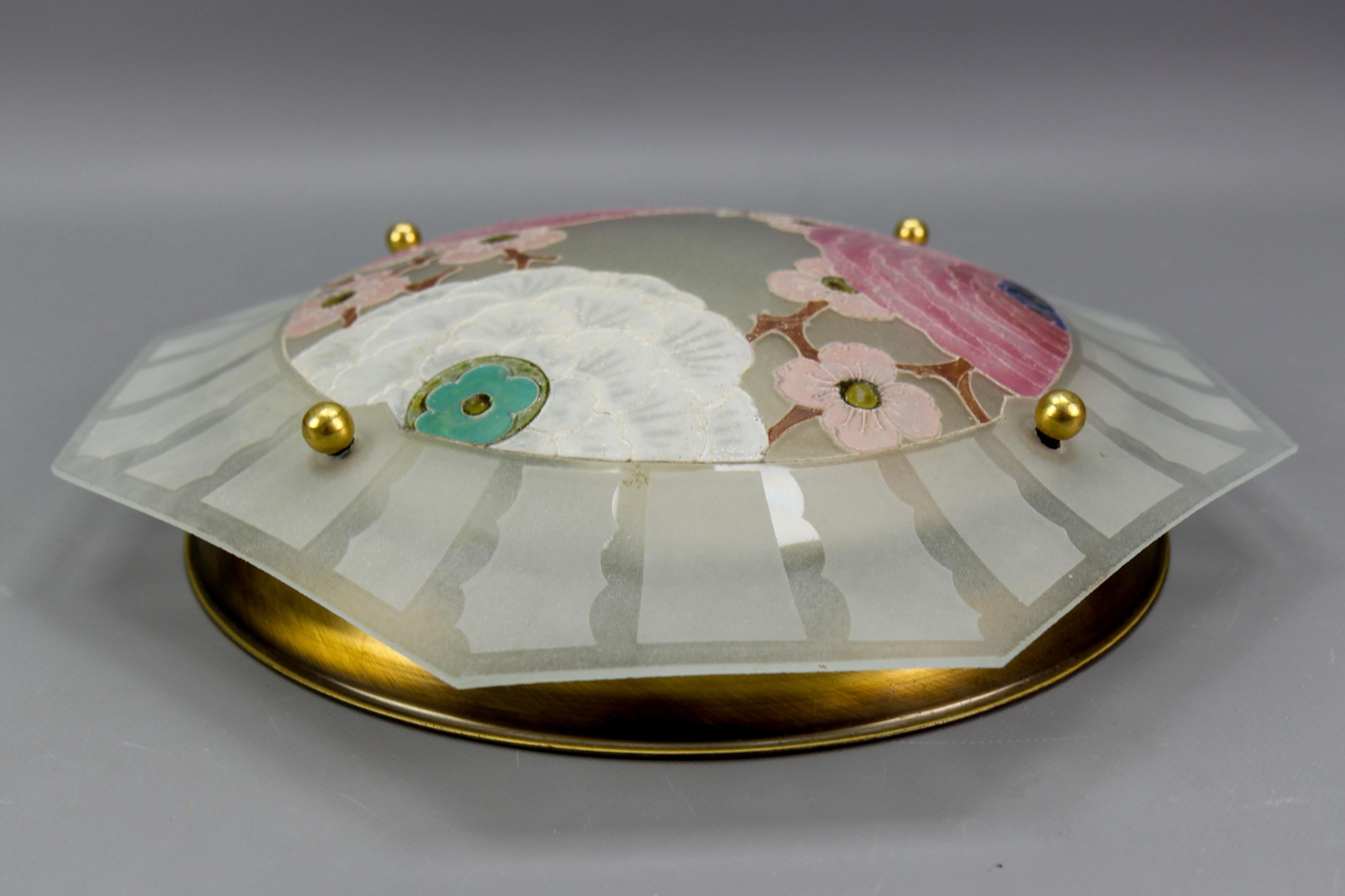 Art Deco Enamelled Glass Flush Mount with Pastel Color Flowers Signed Viale For Sale 4