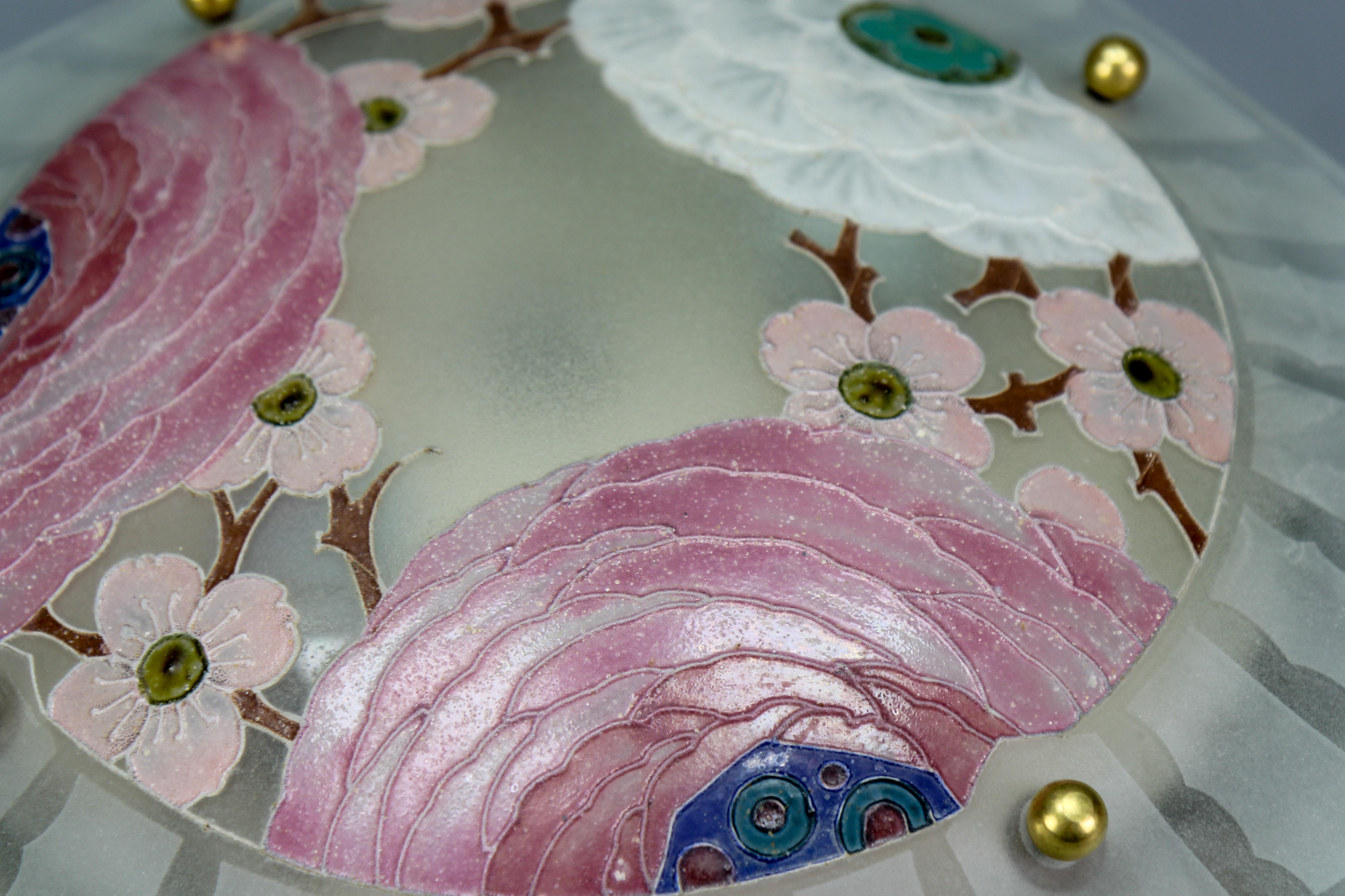 Art Deco Enamelled Glass Flush Mount with Pastel Color Flowers Signed Viale For Sale 6