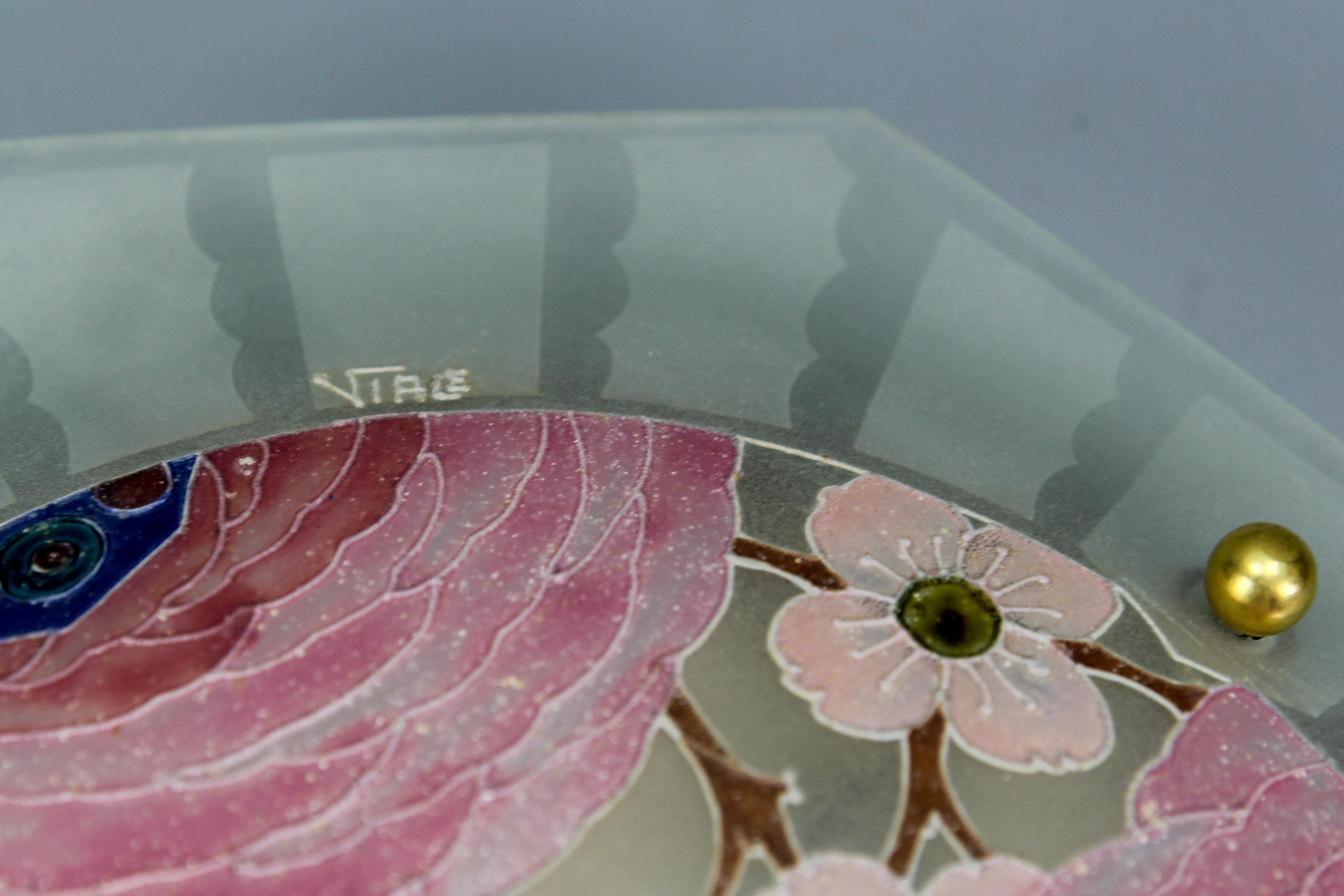 Art Deco Enamelled Glass Flush Mount with Pastel Color Flowers Signed Viale 7