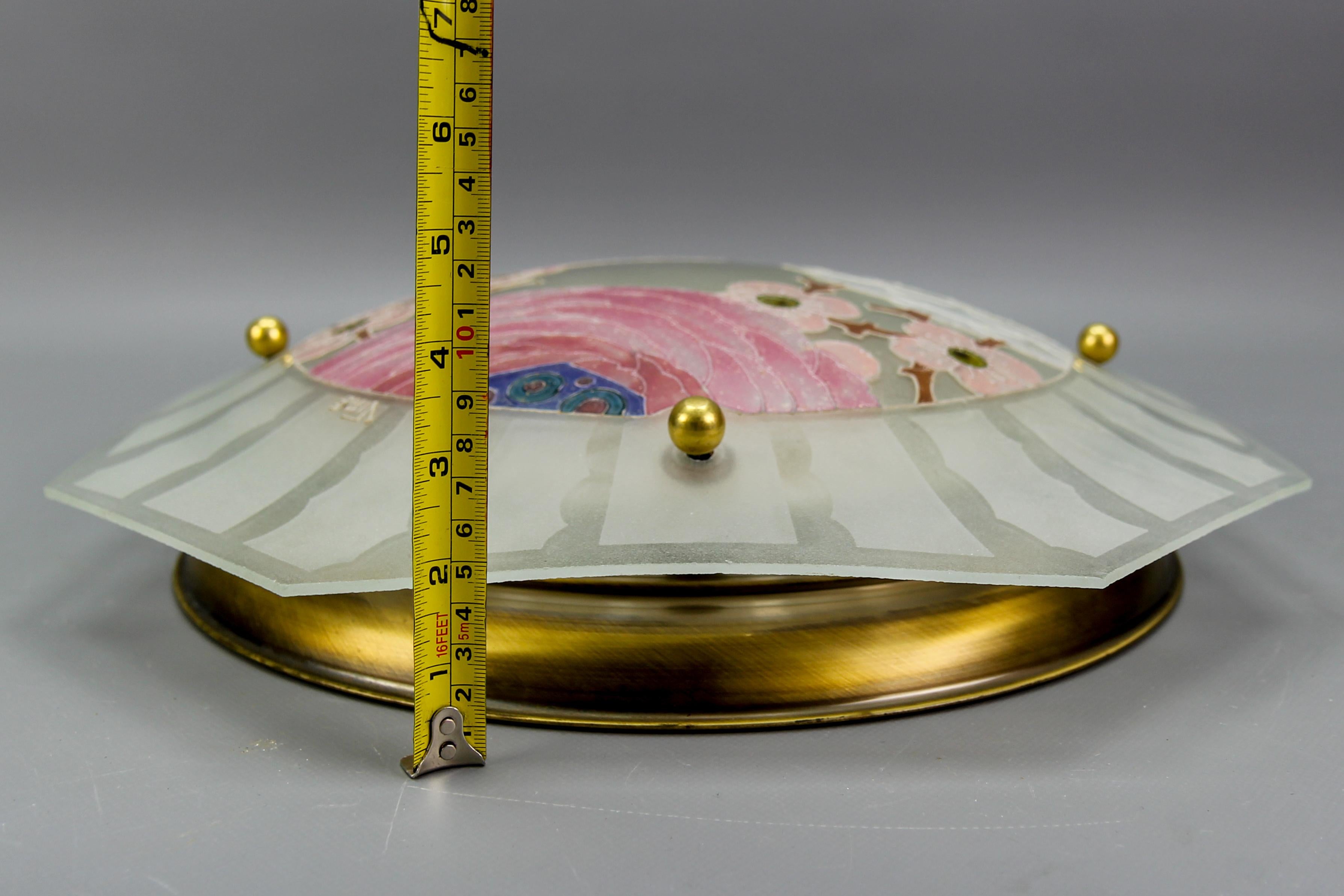Art Deco Enamelled Glass Flush Mount with Pastel Color Flowers Signed Viale 11