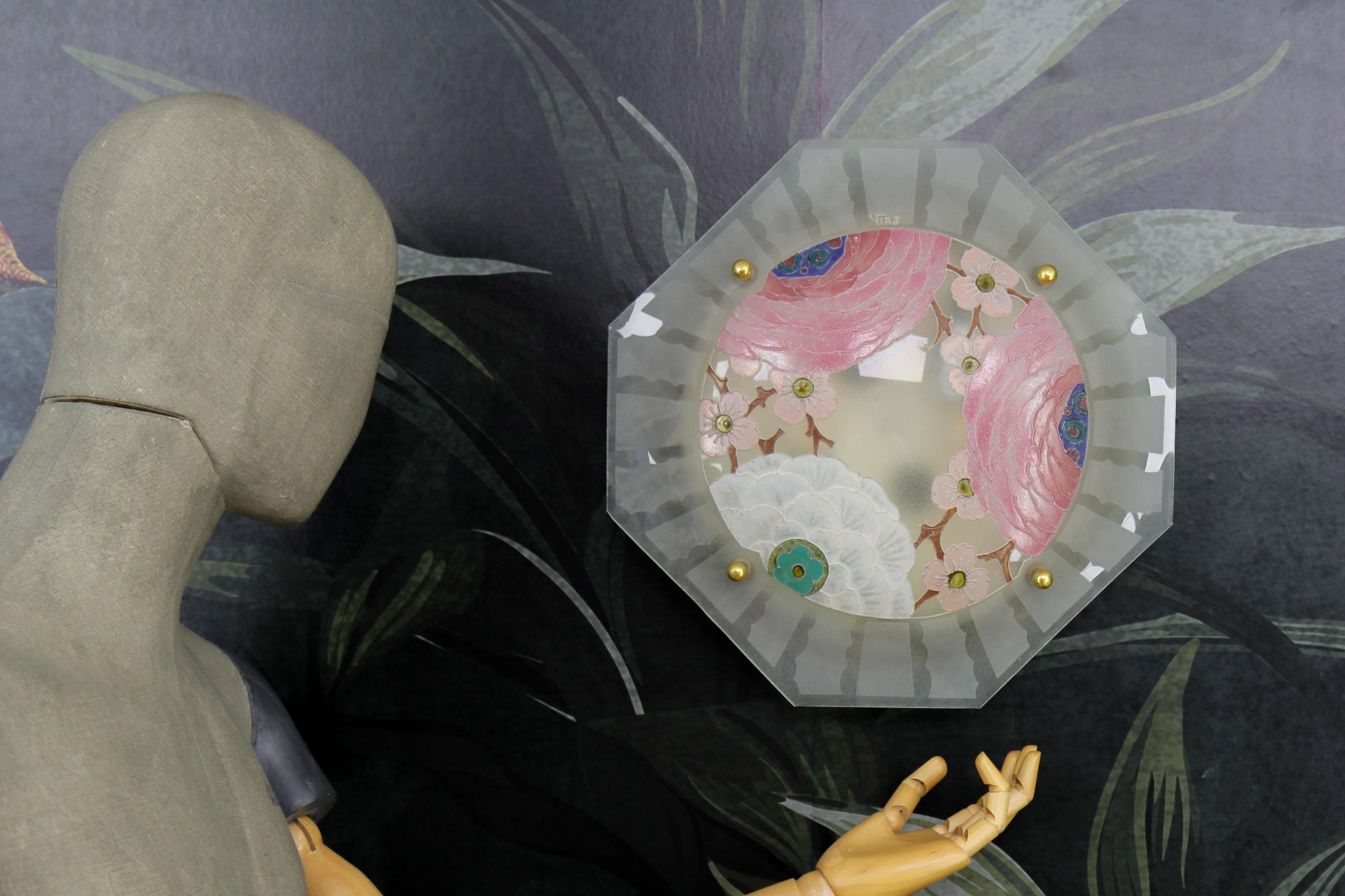 French Art Deco Enamelled Glass Flush Mount with Pastel Color Flowers Signed Viale For Sale