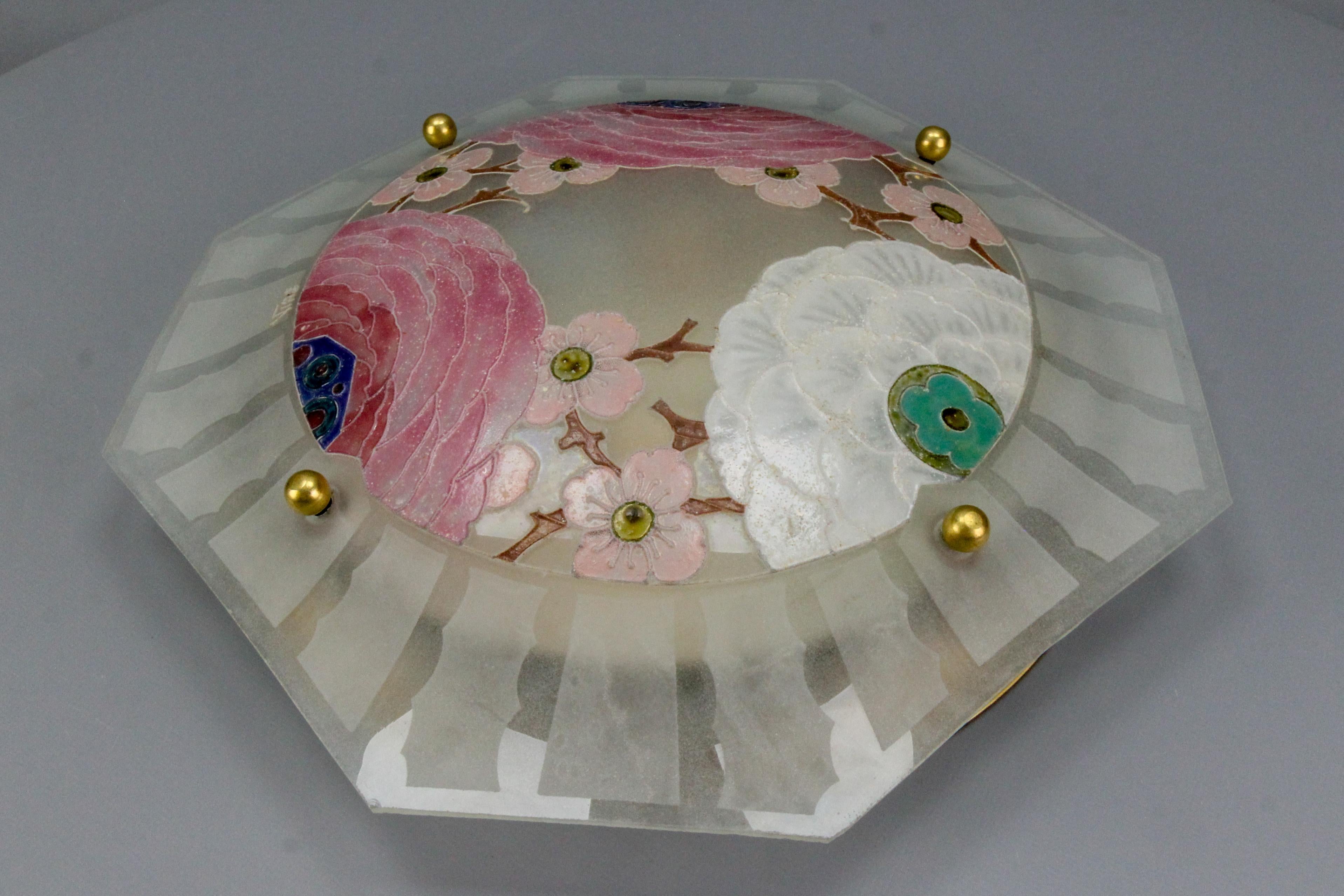 Art Deco Enamelled Glass Flush Mount with Pastel Color Flowers Signed Viale For Sale 2