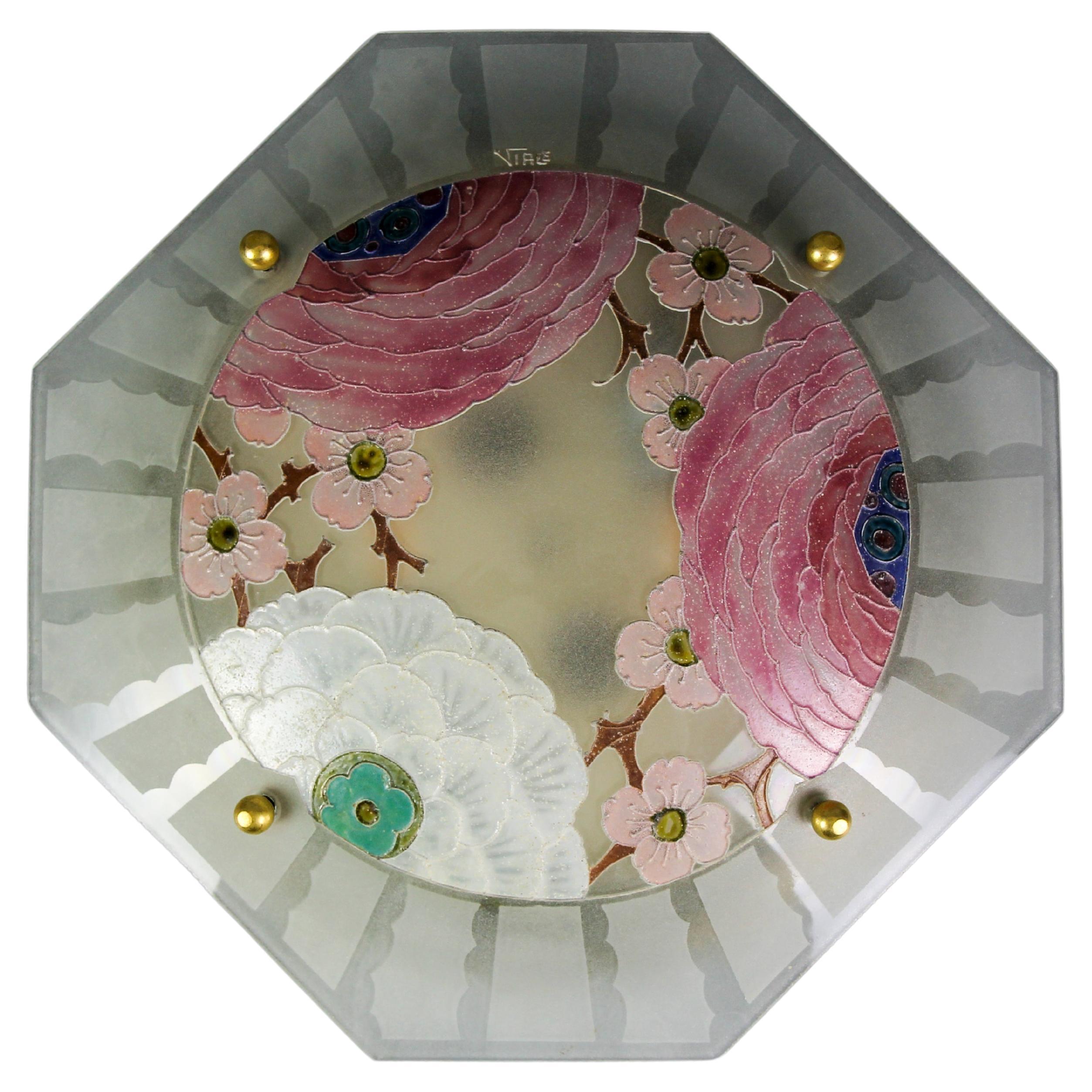 Art Deco Enamelled Glass Flush Mount with Pastel Color Flowers Signed Viale For Sale