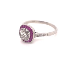 Art Deco Style Engagement .98 Old Mine Cushion Cut Diamond Rubies Platinum Ring