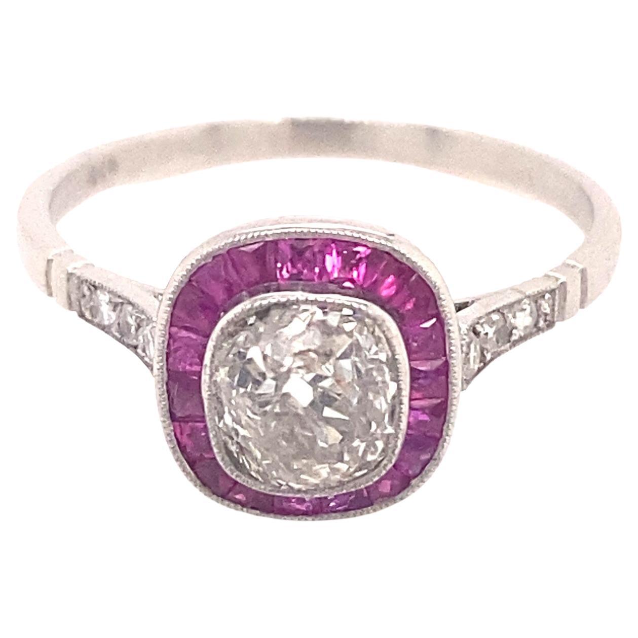 Art Deco Style Engagement .98 Old Mine Cushion Cut Diamond Rubies Platinum Ring
