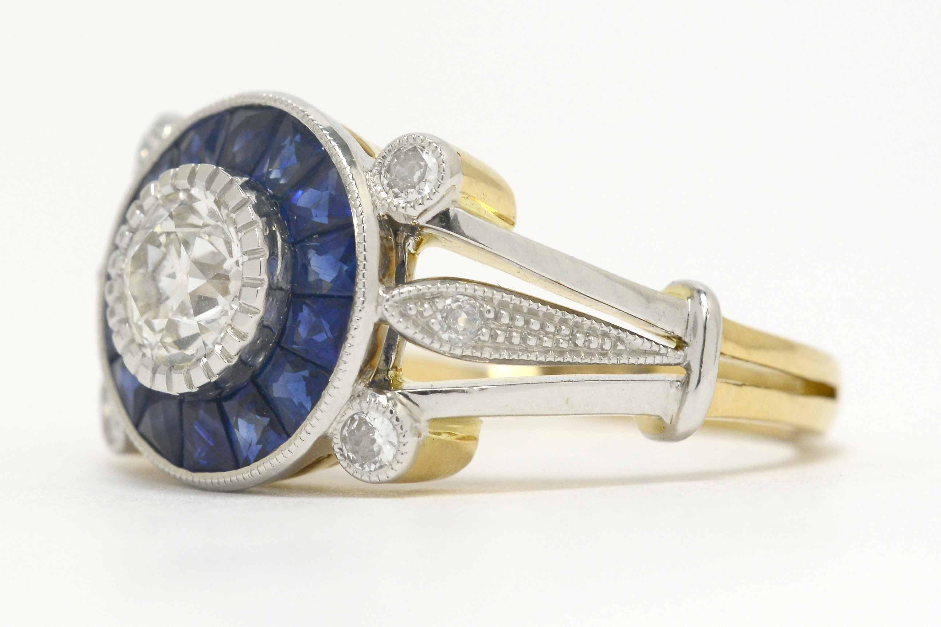Old Mine Cut Art Deco Engagement Ring Old Mine Diamond Sapphire Halo 18 Karat White Gold