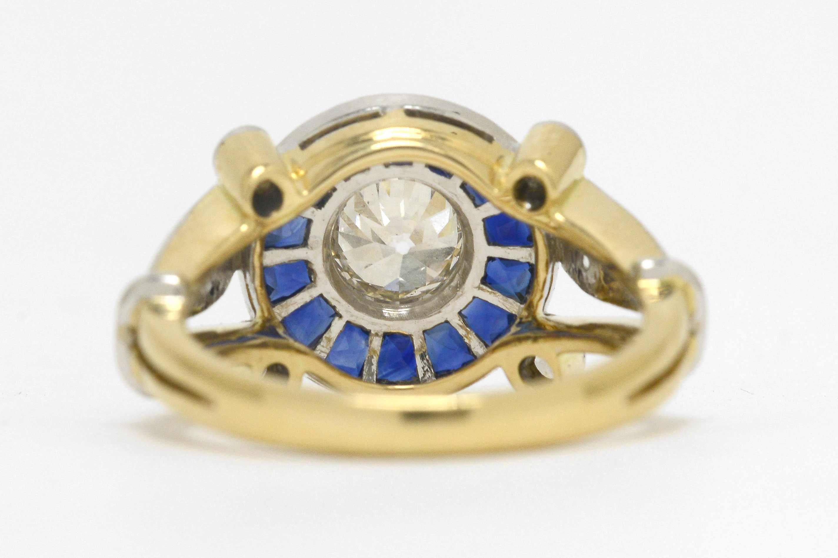 Art Deco Engagement Ring Old Mine Diamond Sapphire Halo 18 Karat White Gold In Good Condition In Santa Barbara, CA