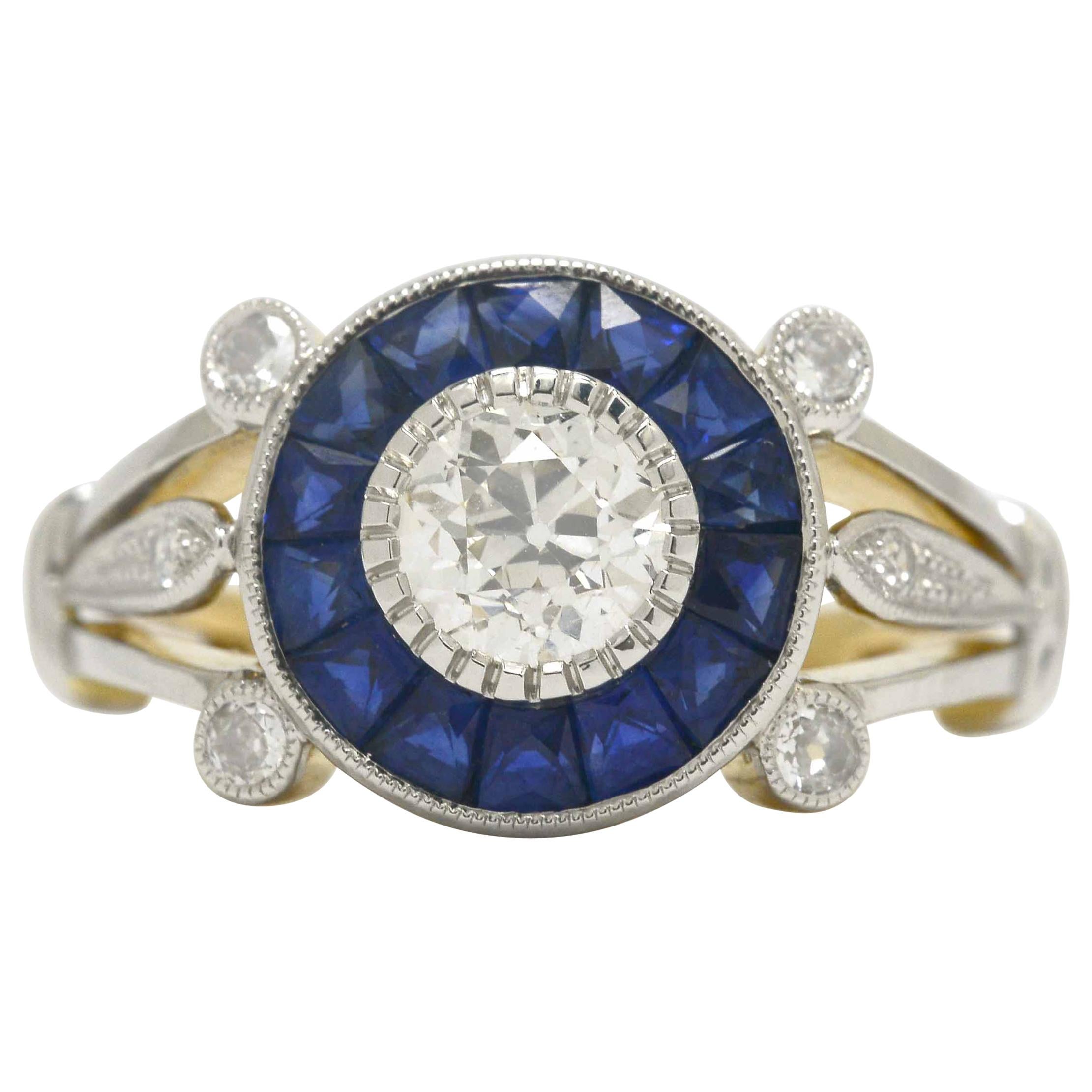 Art Deco Engagement Ring Old Mine Diamond Sapphire Halo 18 Karat White Gold